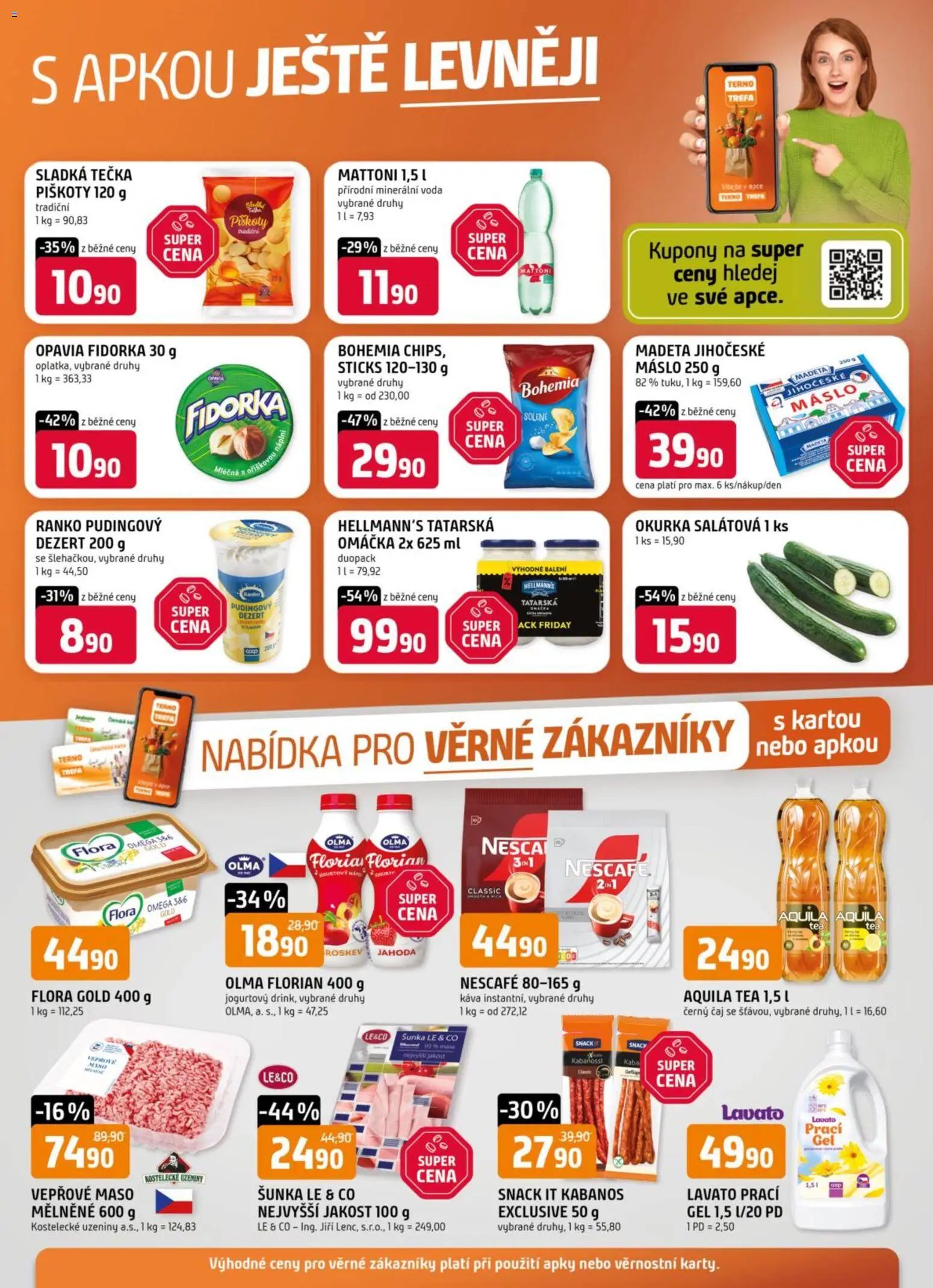 Náhled nabídky: Trefa Trefa leták - Nabídka pro věrné zákazníky platný od 11.03.2026 - Máslo, Voda, Omega, Vepřové maso, Okurka, Nescafé, Kabanos, Minerální voda