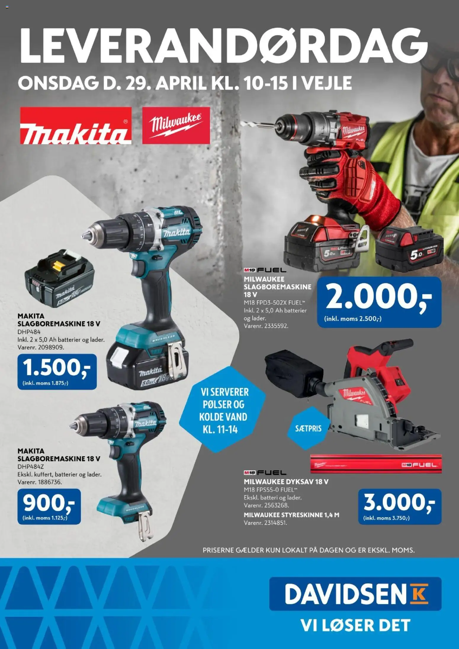 Eksempel på tilbudsavis Davidsen - Leverandørdag Makita-Milwaukee Vejle fra butik Davidsen gyldig fra 29/04/2026 - Batteri, Batterier, Pølser