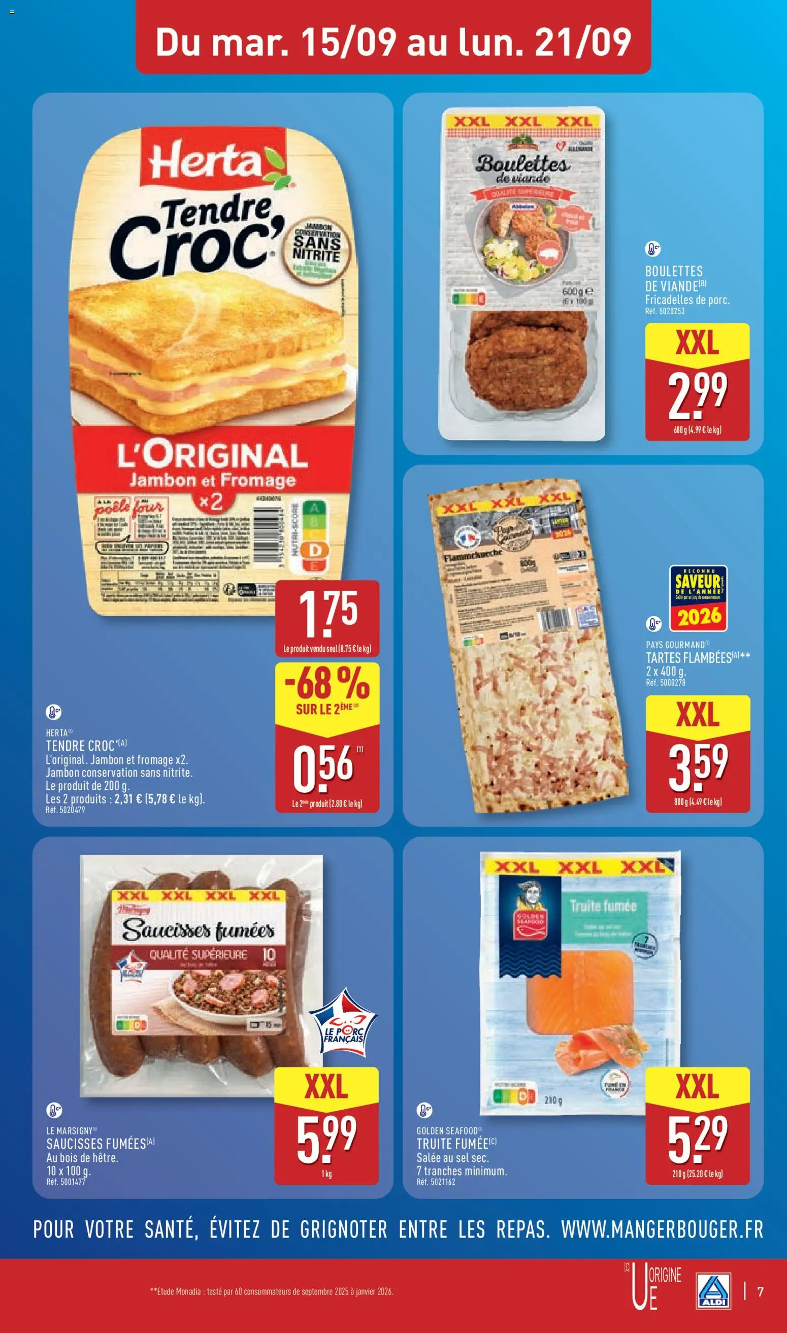 Prévisualisation de Aldi catalogue du magasin Aldi formulaire valide 15/09/2026 - Sandwich, Fricadelles, Tarte, Jambon, Truite, Saucisses, Viande, Truite fumée