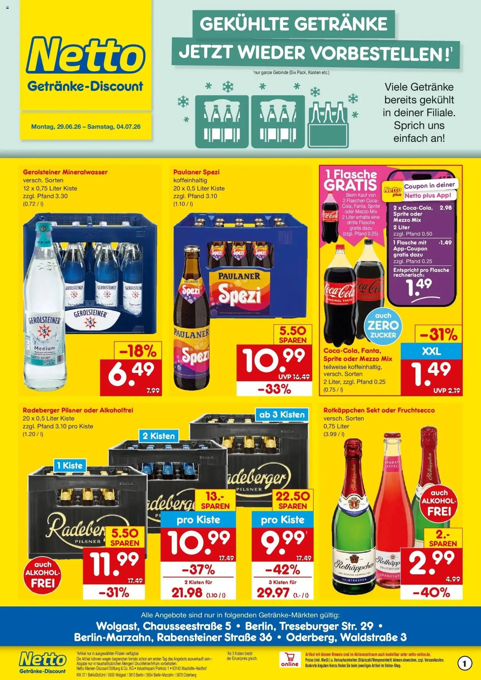 Vorschau von dem Prospekt des Geschäftes Netto Marken-Discount, gültig ab dem 29.06.2026 - Mineralwasser, Gerolsteiner, Rotkäppchen, Paulaner spezi, Sprite, Fruchtsecco, Radeberger pilsner, Rotkappchen sekt