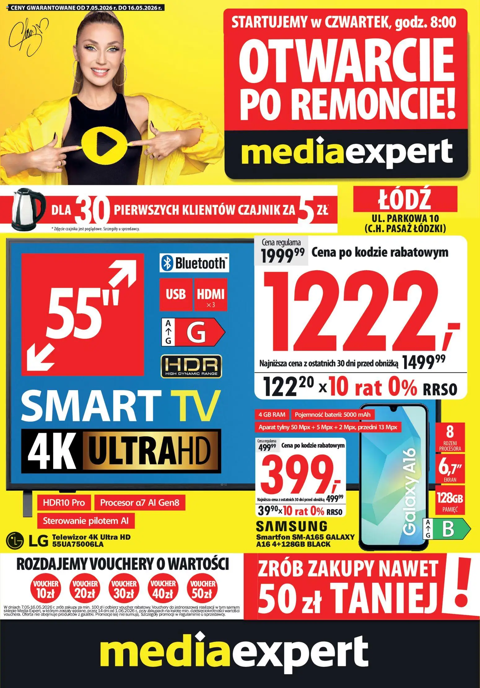 Pogląd gazetki "Mediaexpert promocje - Otwarcie po remoncie Łódź" ze sklepu Mediaexpert ważnej od 07.05.2026 - Telewizor, Smartfon, Czajnik