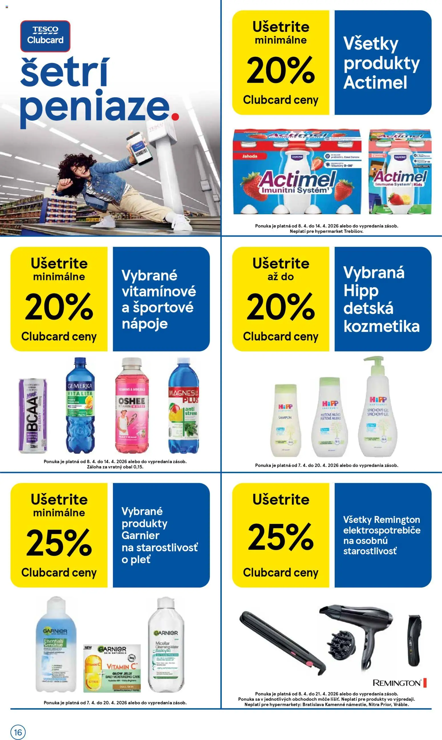 Náhľad Tesco letáku platného od 08.04.2026 - Mlieko, Actimel, Šampón, Magnesia, Gemerka, Sprchový gél, Nápoje