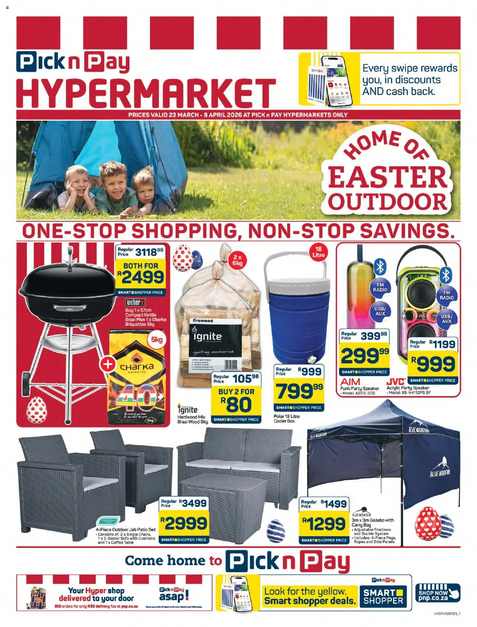 Preview of Pick n Pay flyer valid from 23/03/2026 - Coffee table, Kettle, Bag, Speaker, Sofa, Box, Cooler, Table
