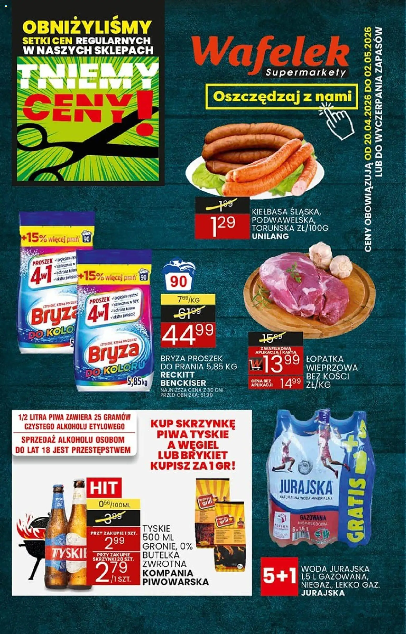 Pogląd gazetki "Wafelek gazetka" ze sklepu Wafelek ważnej od 20.04.2026 - Woda, Kiełbasa, Karta, Wafelek, Woda mineralna, Piwa tyskie, Proszek, Woda jurajska