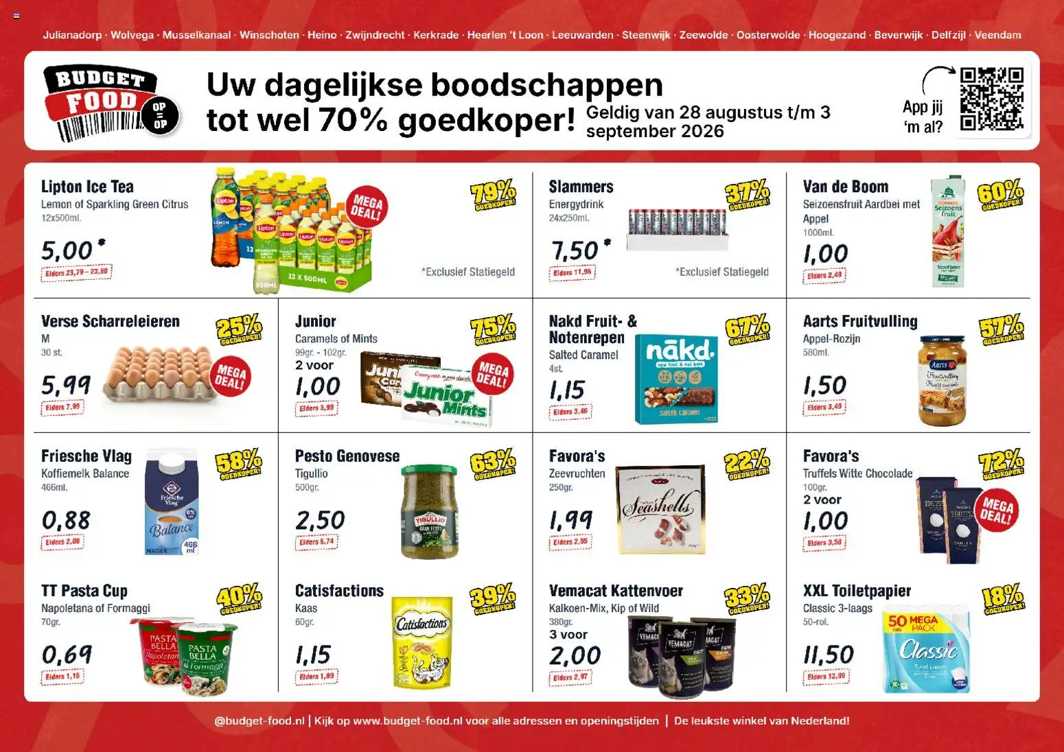 Voorbeeld van Budget Food folder van winkel Budget Food geldig vanaf 28-08-2026 - Pasta, Appel, Aardbei, Fruit, Ice Tea, Kattenvoer, Toiletpapier, Witte chocolade