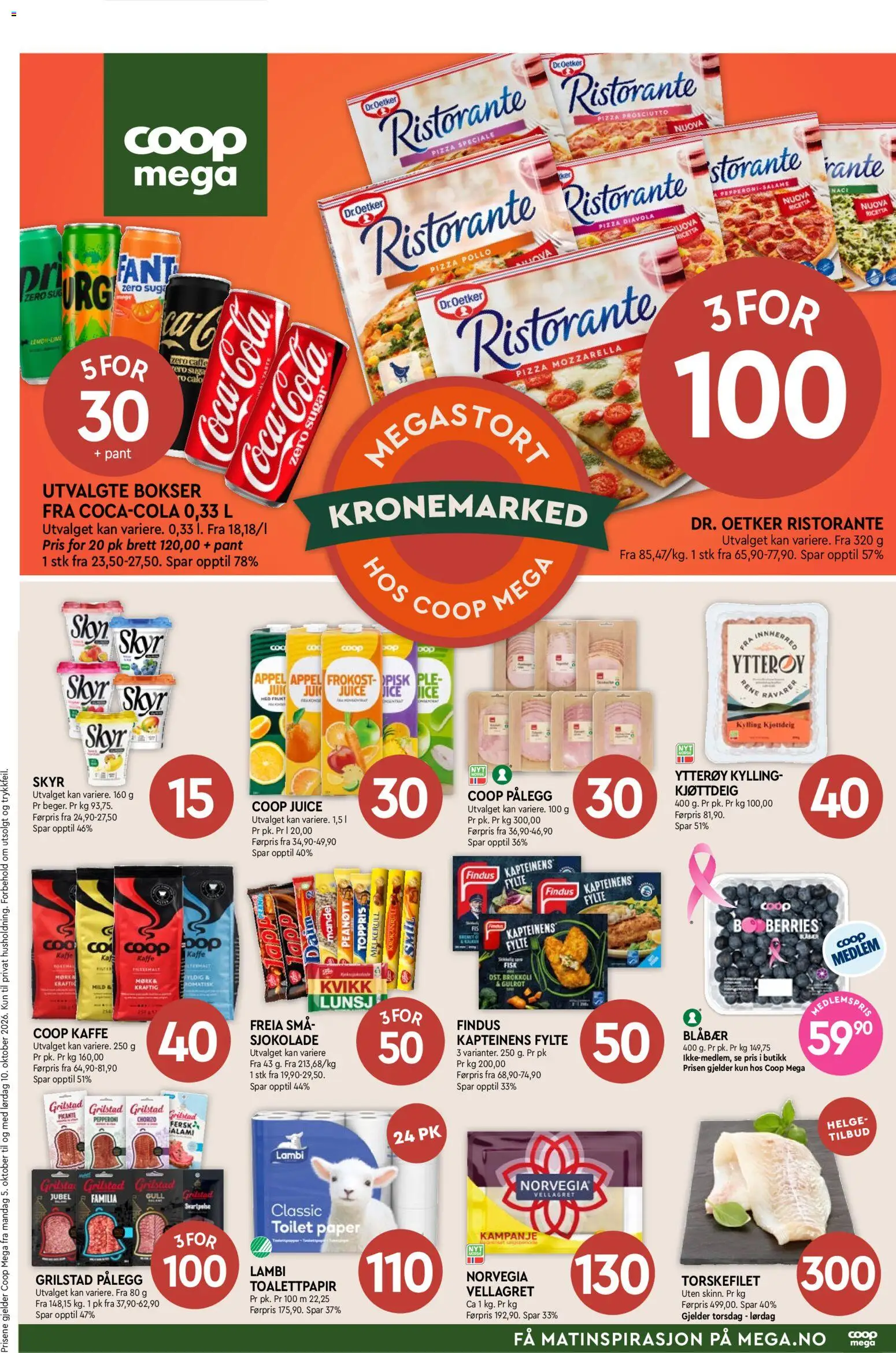Forhåndsvis Coop Mega kundeavis fra butikk Coop Mega gyldig fra 05/10/2026 - Chorizo, Pizza, Kylling, Pålegg, 1, Prosciutto, Torskefilet, Skyr