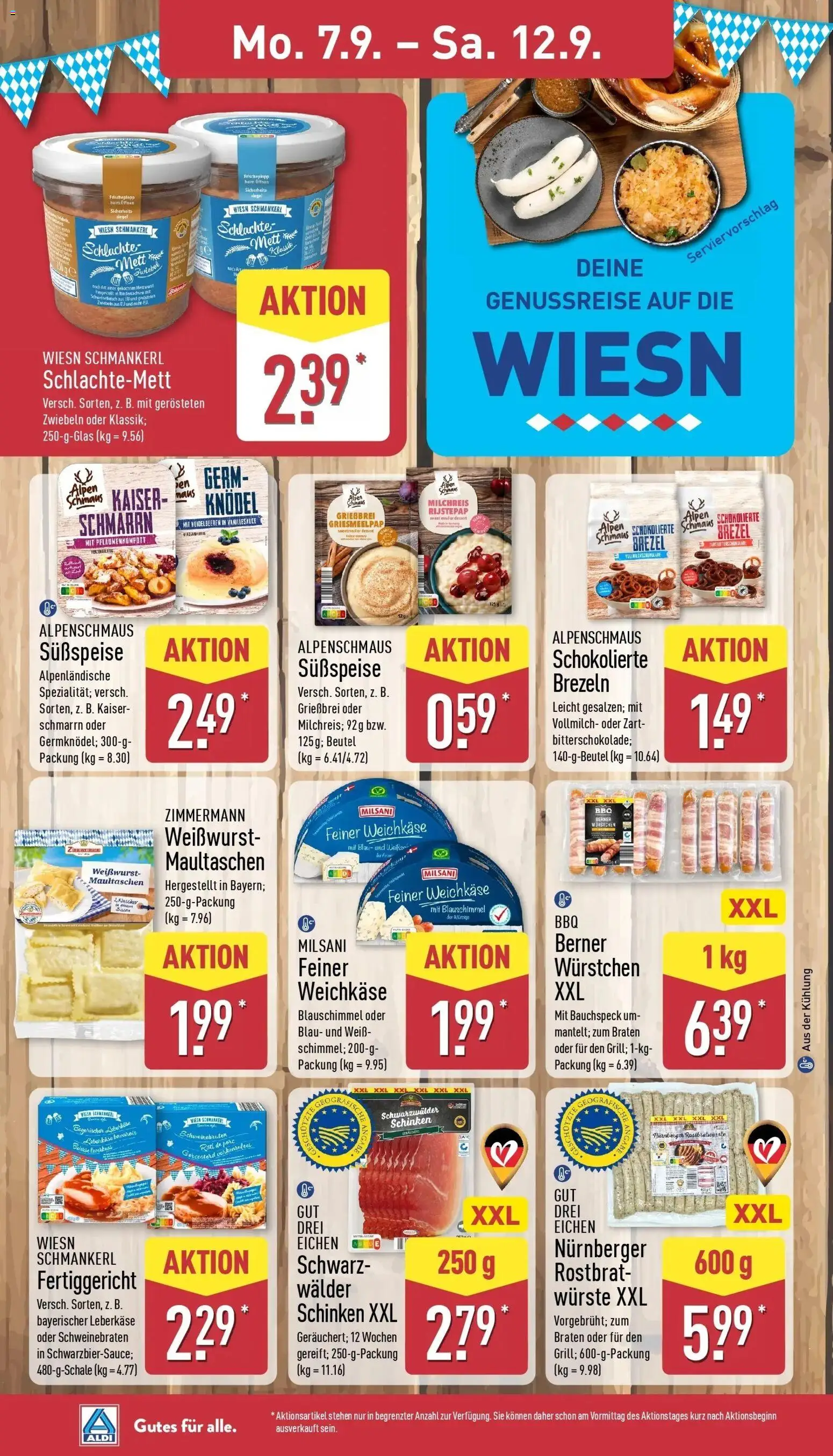 Vorschau von dem Prospekt des Geschäftes Aldi, gültig ab dem 07.09.2026 - Maultaschen, Heidelbeeren, Weißwurst, Schinken, Zwiebeln, Leberkase