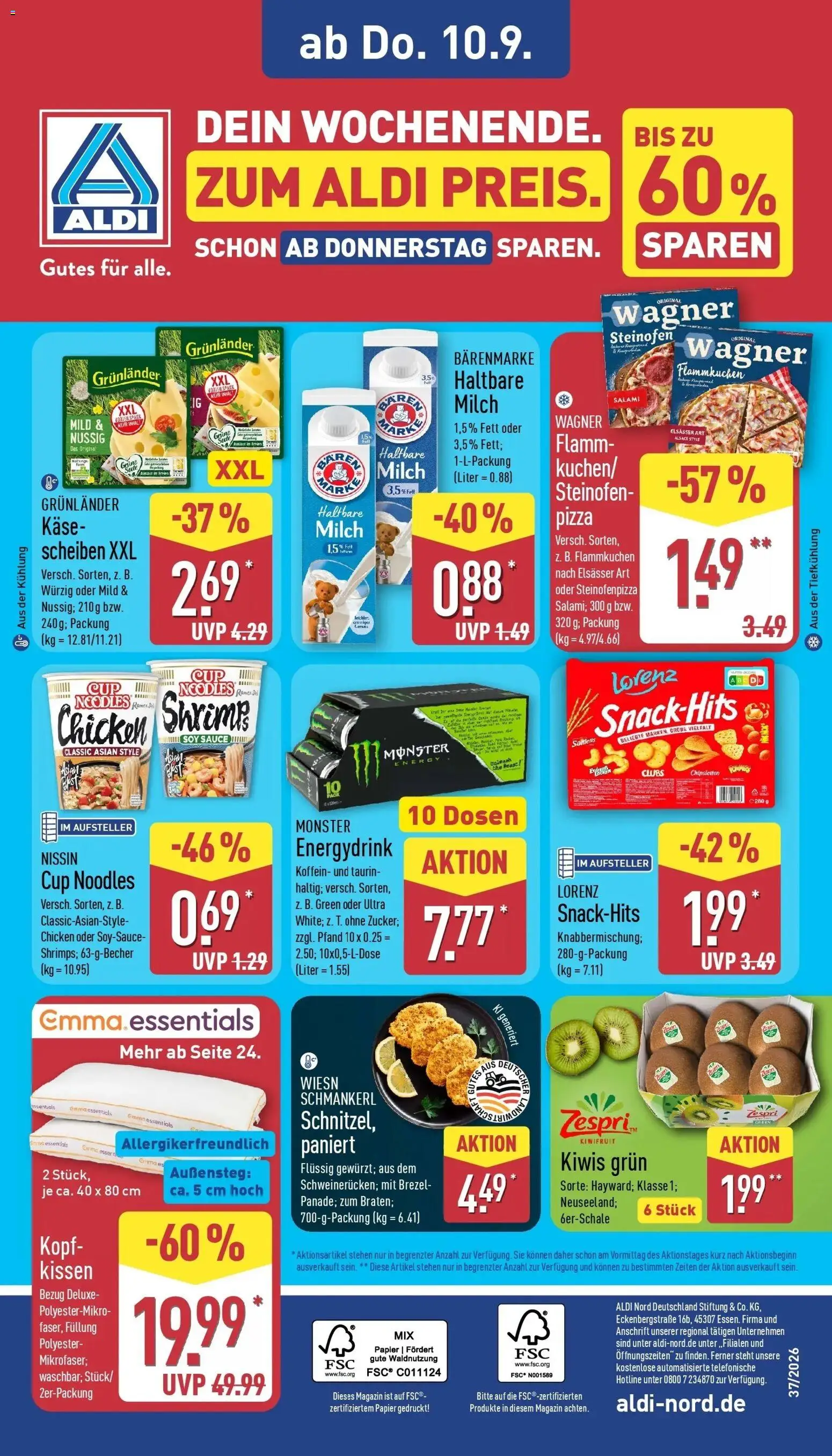 Vorschau von dem Prospekt des Geschäftes Aldi, gültig ab dem 07.09.2026 - Pizza, Käse, Milch, Kissen, Energy, Salami, Magazin, Grunlander