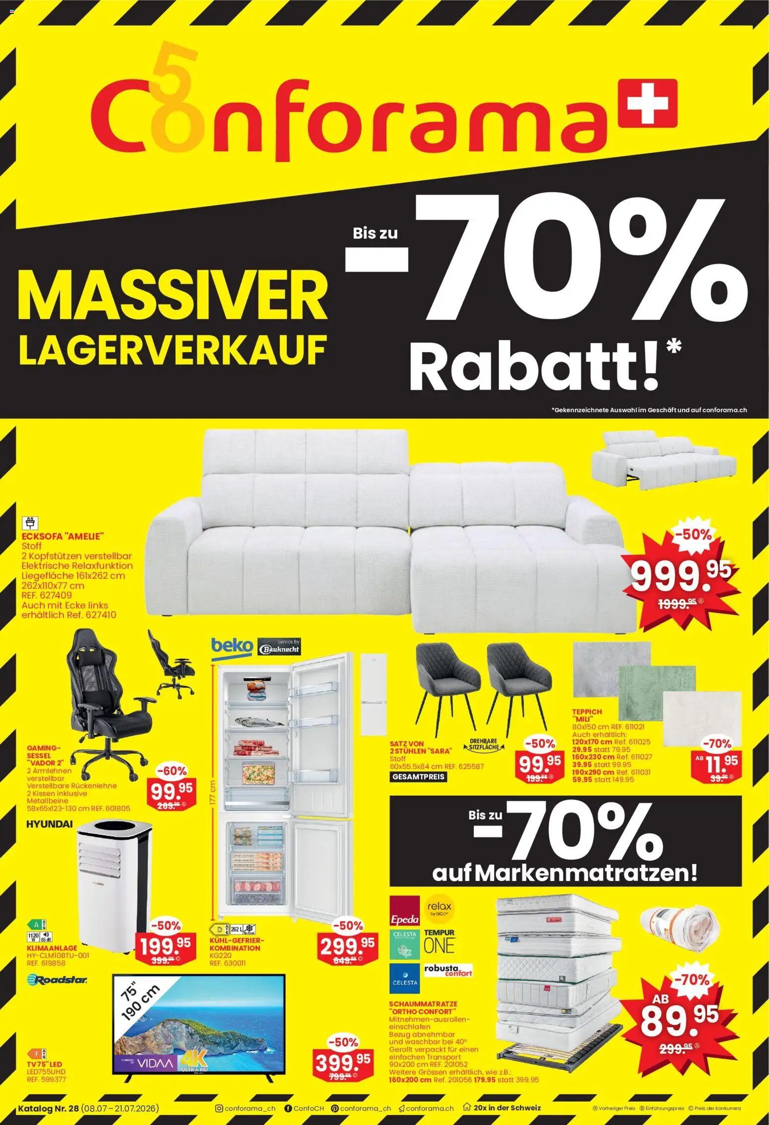 Vorschau des Merkblatts Conforama aktionen vom Shop Conforama gültig von 08.07.2026 bis 21.07.2026 - Teppich, Sessel, Klimaanlage, Ecksofa, Kissen