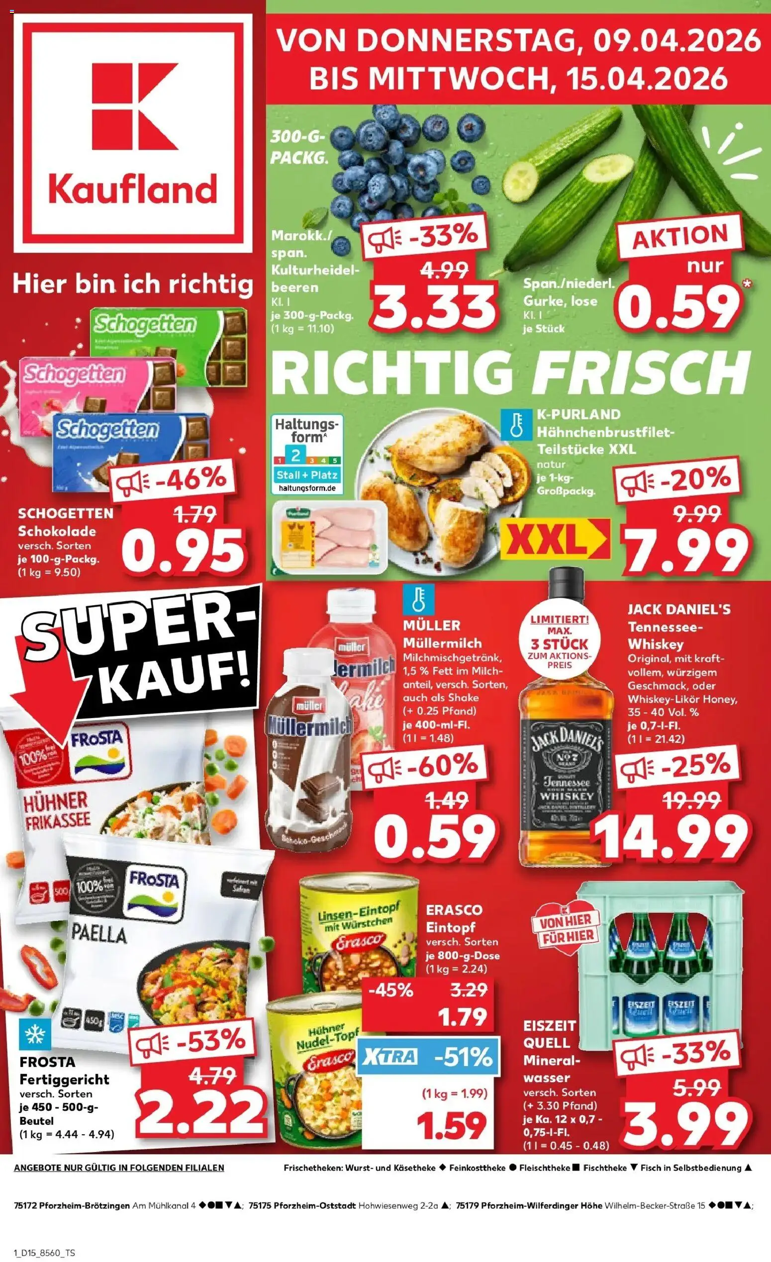 Vorschau von dem Prospekt des Geschäftes Kaufland, gültig ab dem 08.04.2026 - Wasser, Schokolade, Fisch, Milch, Whiskey, Müllermilch, Schogetten, Jack Daniel's