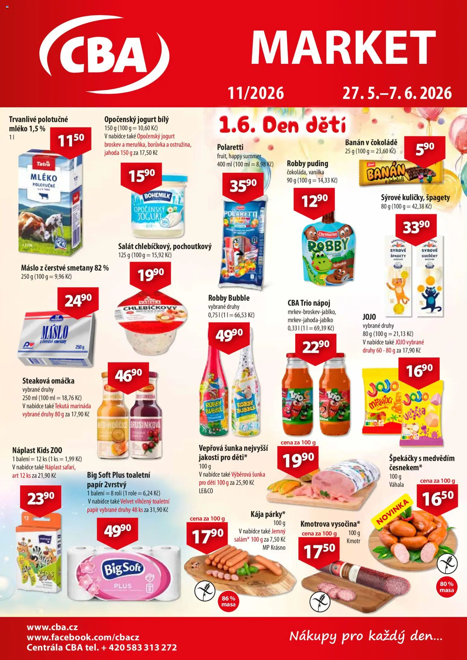 Náhled nabídky: CBA CBA leták - Market platný od 27.05.2026 - Máslo, Salát, Špagety, Banán, Jojo, Velvet, Puding, Opočenský jogurt