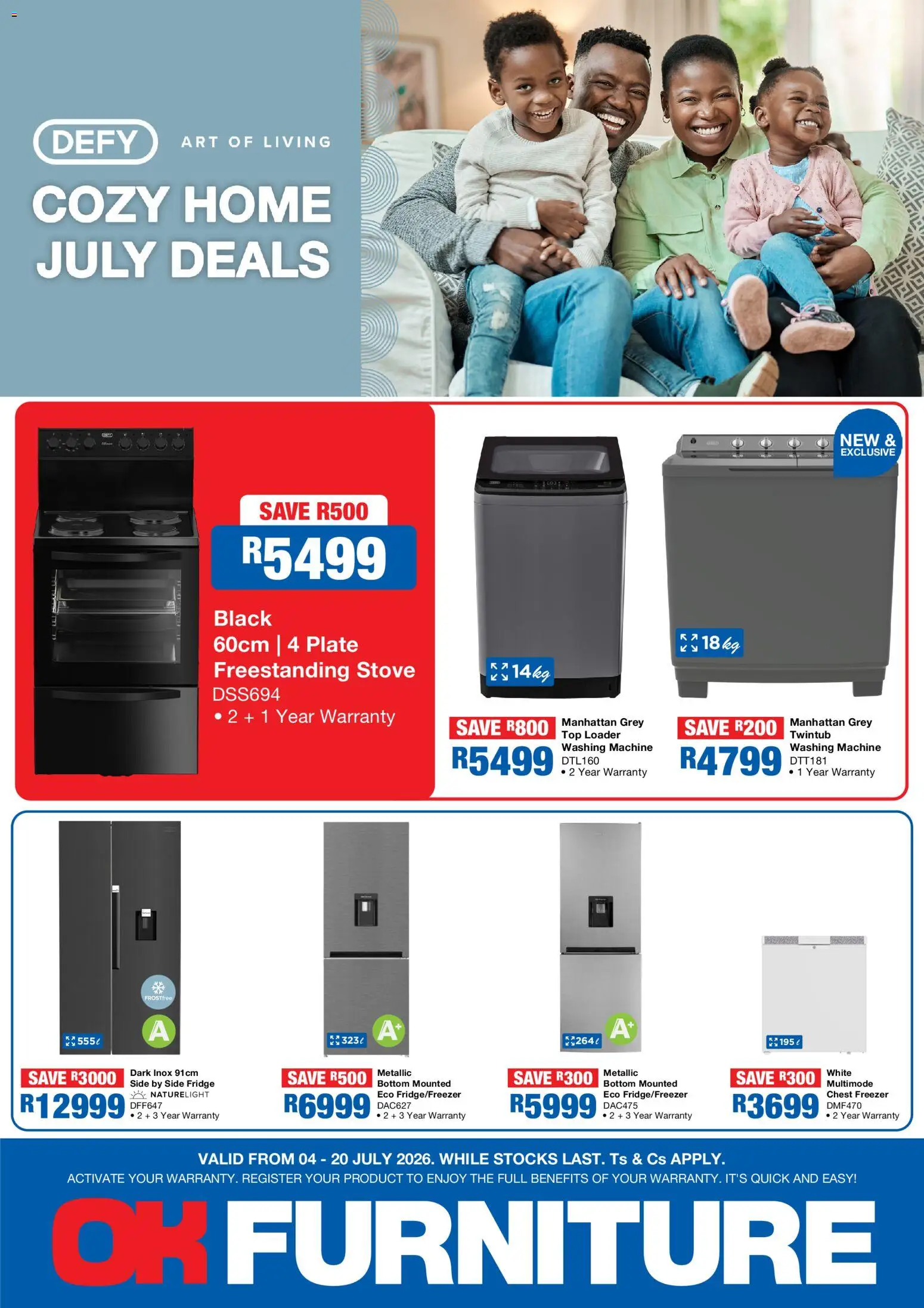 Preview of OK Furniture flyer valid from 04/07/2026 - Washing machine, Fridge, Art, Stove, Chest freezer, Freezer, Plate