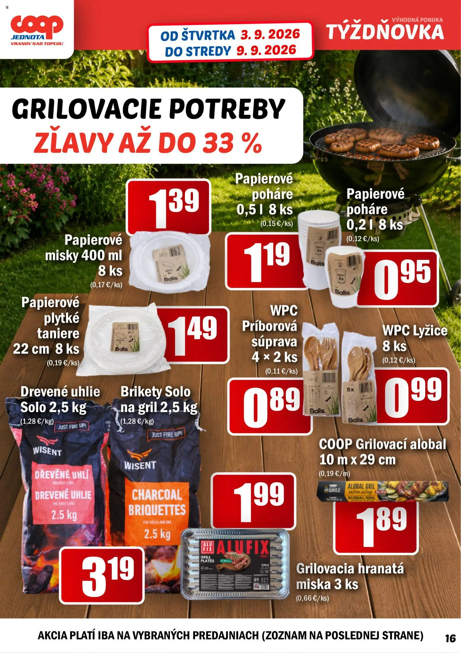 Náhľad COOP Jednota letáku platného od 03.09.2026 - Gril, Brikety, Taniere, Alobal, Poháre, Drevené uhlie