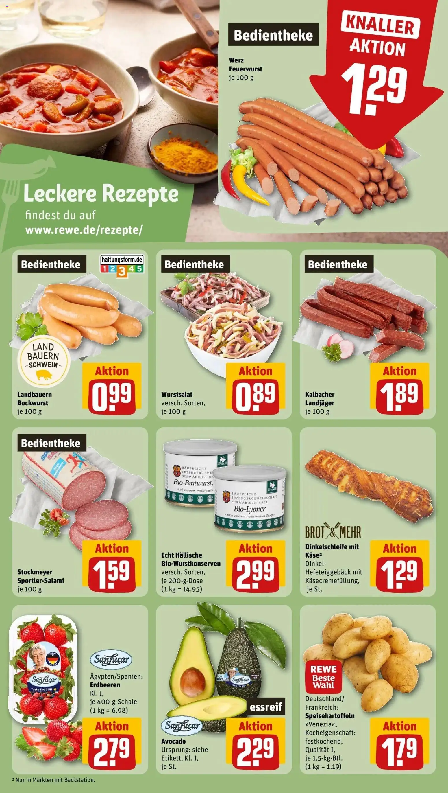 Vorschau von dem Prospekt des Geschäftes Rewe, gültig ab dem 05.04.2026 - Käse, Avocado, Erdbeeren, Brot, Bockwurst