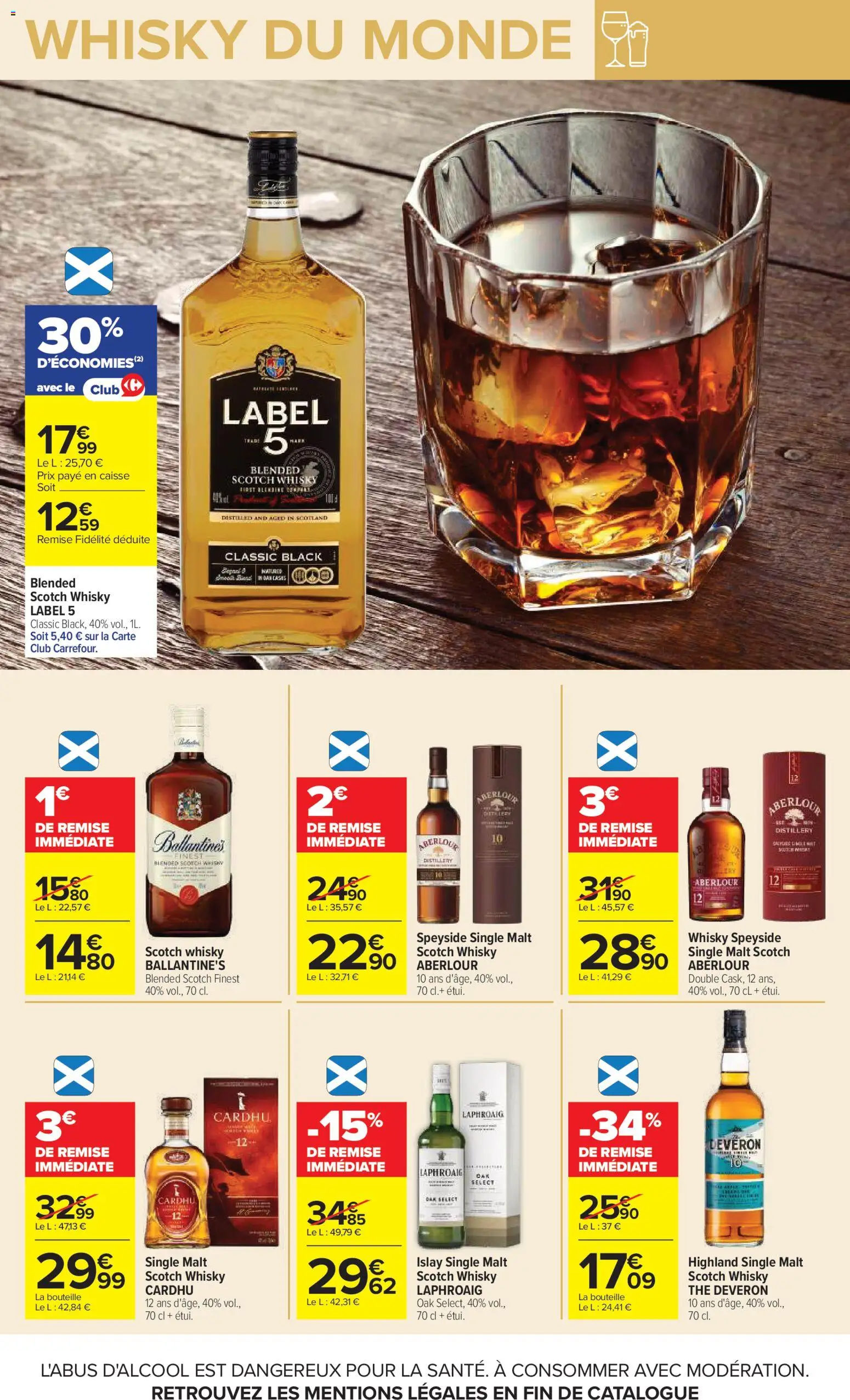 Prévisualisation de Carrefour Vos promos du quotidien du magasin Carrefour formulaire valide 27/10/2026 - Whisky, Bouteille, Étui, Aberlour, Whisky Label 5, Scotch whisky Ballantine's, Scotch whisky label 5, Whisky Cardhu 12 ans