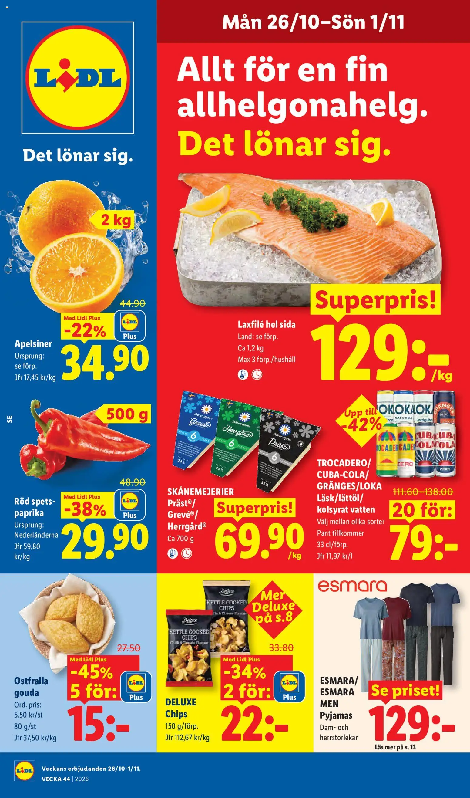 Förhandsgranska reklamblad Lidl erbjudanden från butik Lidl gäller från 26/10/2026 - Chips, Pyjamas, Vatten, Paprika, Loka, Gouda, Apelsiner, Laxfilé