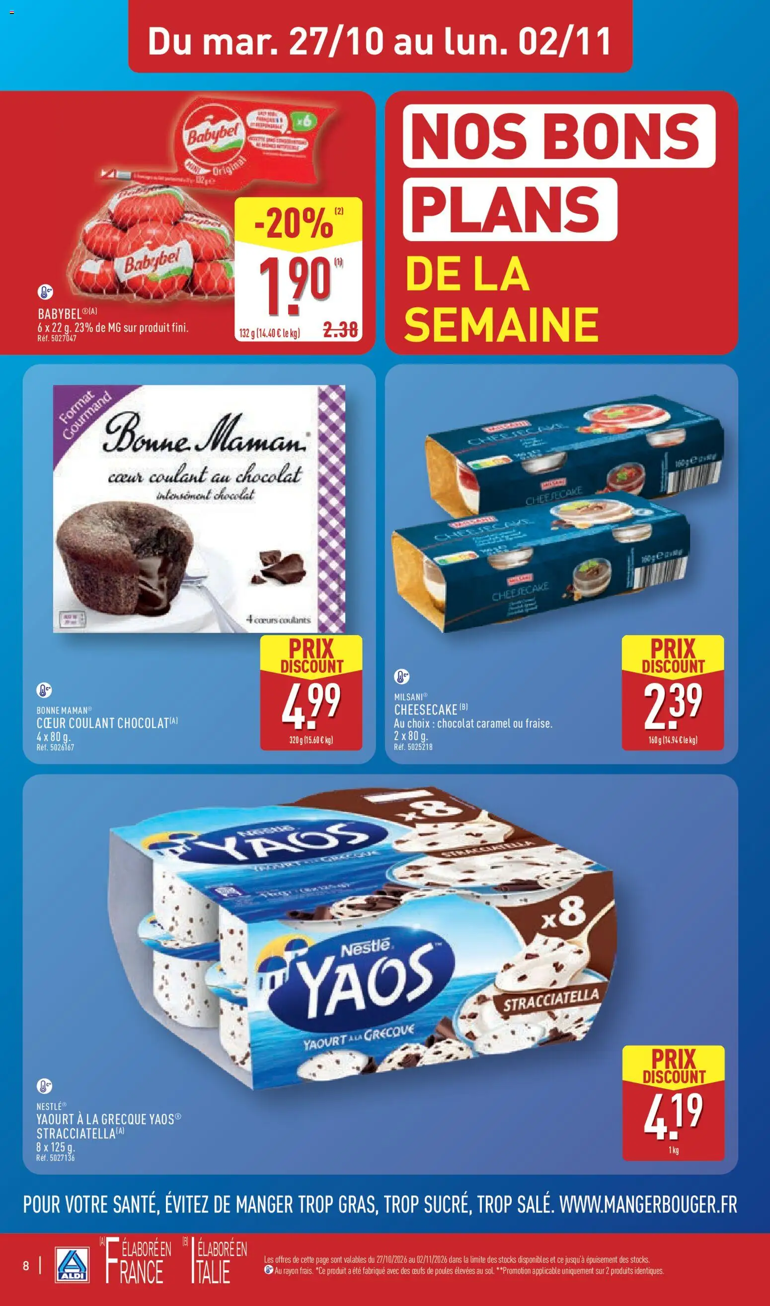 Prévisualisation de Aldi catalogue du magasin Aldi formulaire valide 27/10/2026 - Cheesecake, Dessert, Chocolat, Œufs, Yaourt à La Grecque, Bonne Maman, Chocolat dessert, Chocolat caramel