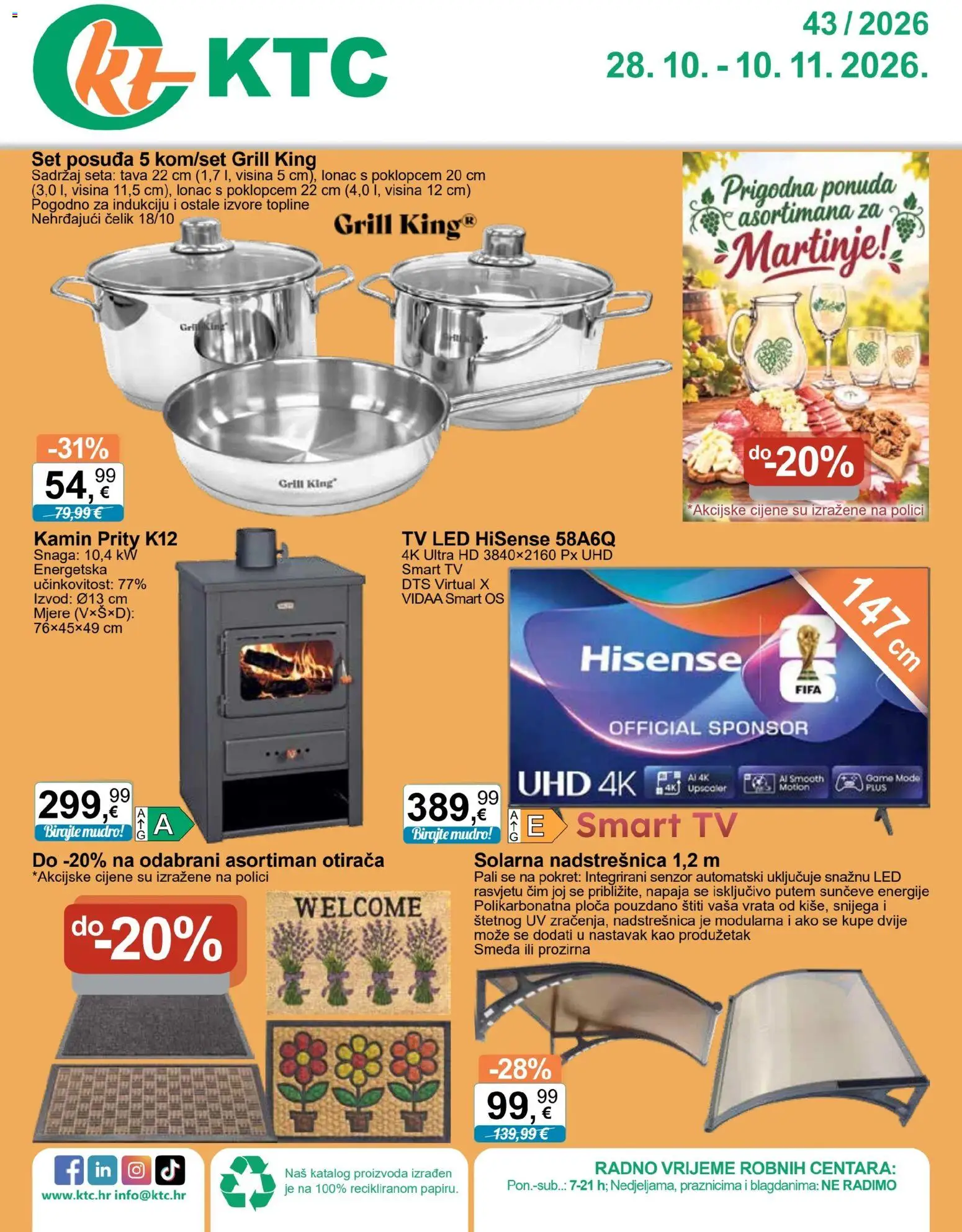 Pregled letka KTC Katalog tehnike i posuđa trgovine KTC vrijedi od 28.10.2026 - Tv, Vrata, Grill, Led, Smart TV, Kamin, Tava, Set posuđa