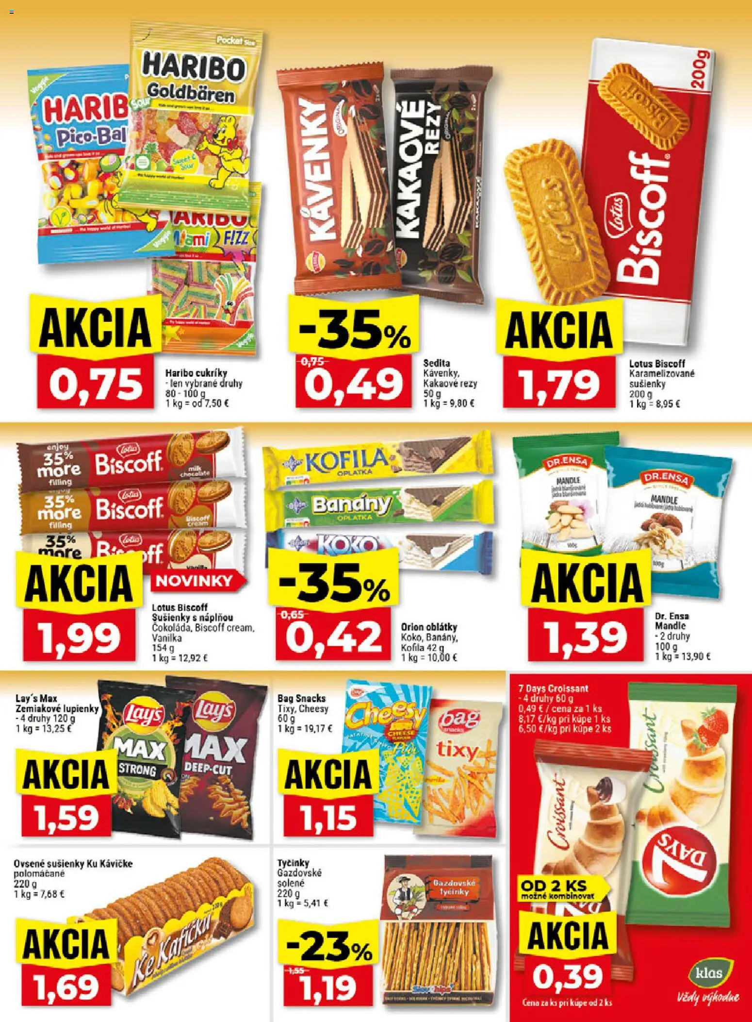 Náhľad Klas letáku platného od 02.11.2026 - Lotus, Croissant, Mandle, Vanilka, Cukríky, Sušienky, Oblátky, Banány