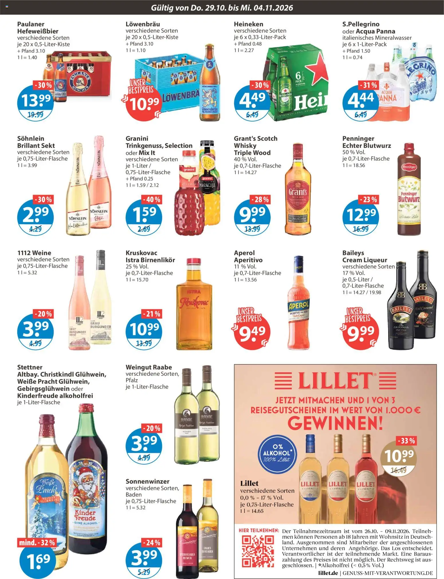 Vorschau von dem Prospekt des Geschäftes V-Markt, gültig ab dem 29.10.2026 - Lillet, Aperol, Whisky, Mineralwasser, Baileys, Paulaner, Sekt, Granini
