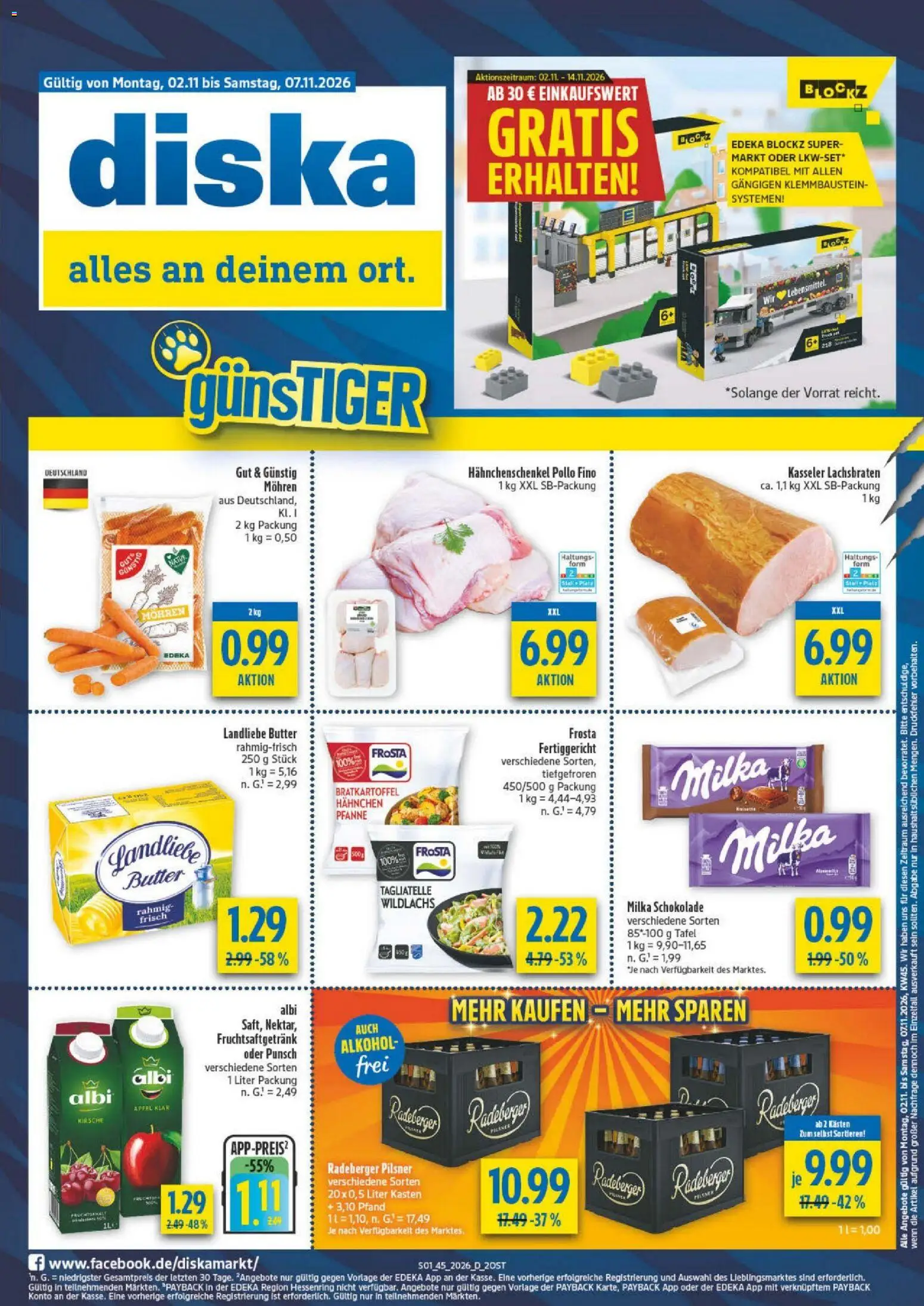Vorschau von dem Prospekt des Geschäftes Diska, gültig ab dem 02.11.2026 - Äpfel, Alkohol, Milka schokolade, Milka, Frosta, Hahnchenschenkel, Radeberger pilsner, Landliebe butter