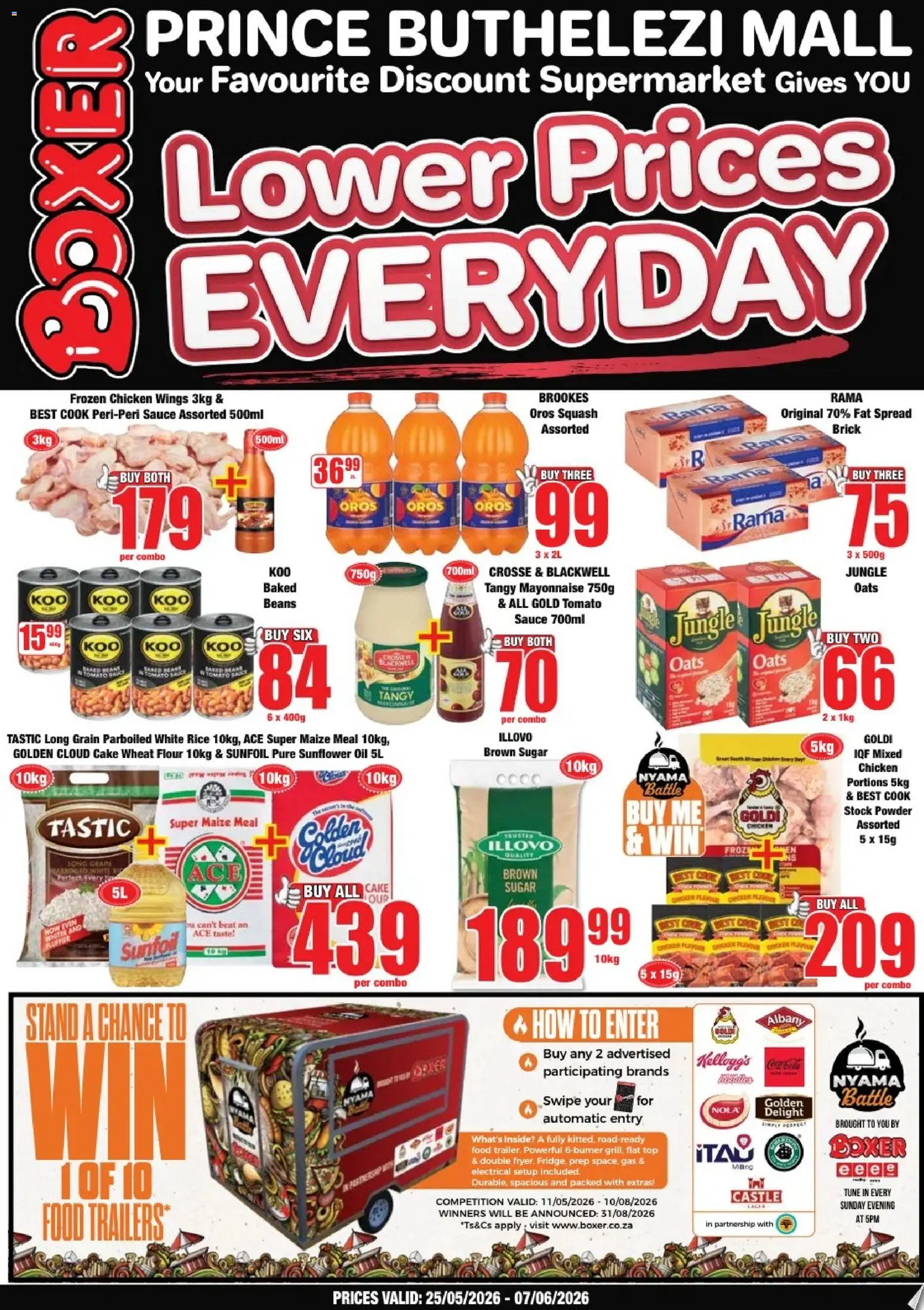 Preview of Boxer flyer valid from 25/05/2026 - Sugar, Tomato sauce, Baked beans, Chicken wings, Sauce, Spread, Fryer, Frozen chicken
