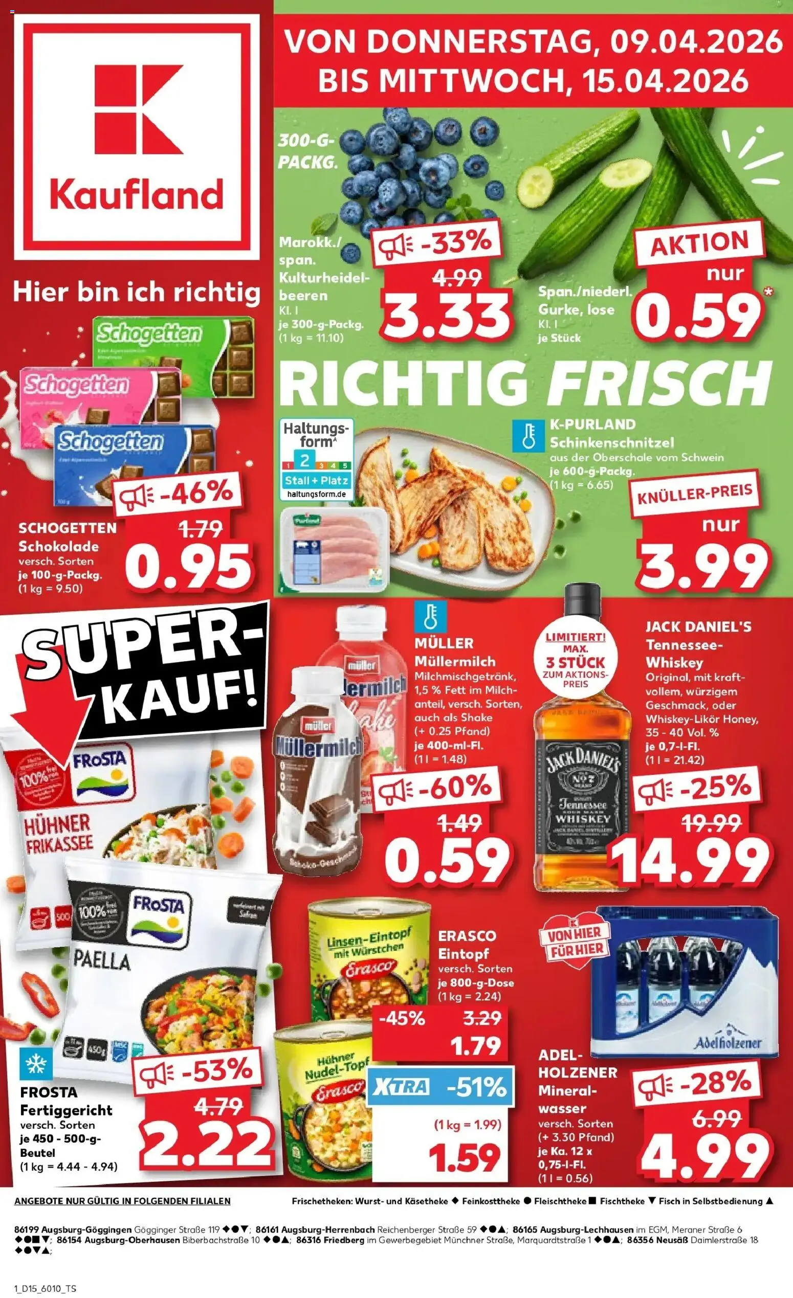 Vorschau von dem Prospekt des Geschäftes Kaufland, gültig ab dem 08.04.2026 - Wasser, Fisch, Wurst, Milch, Frosta, Schogetten, Jack Daniel's, Erasco