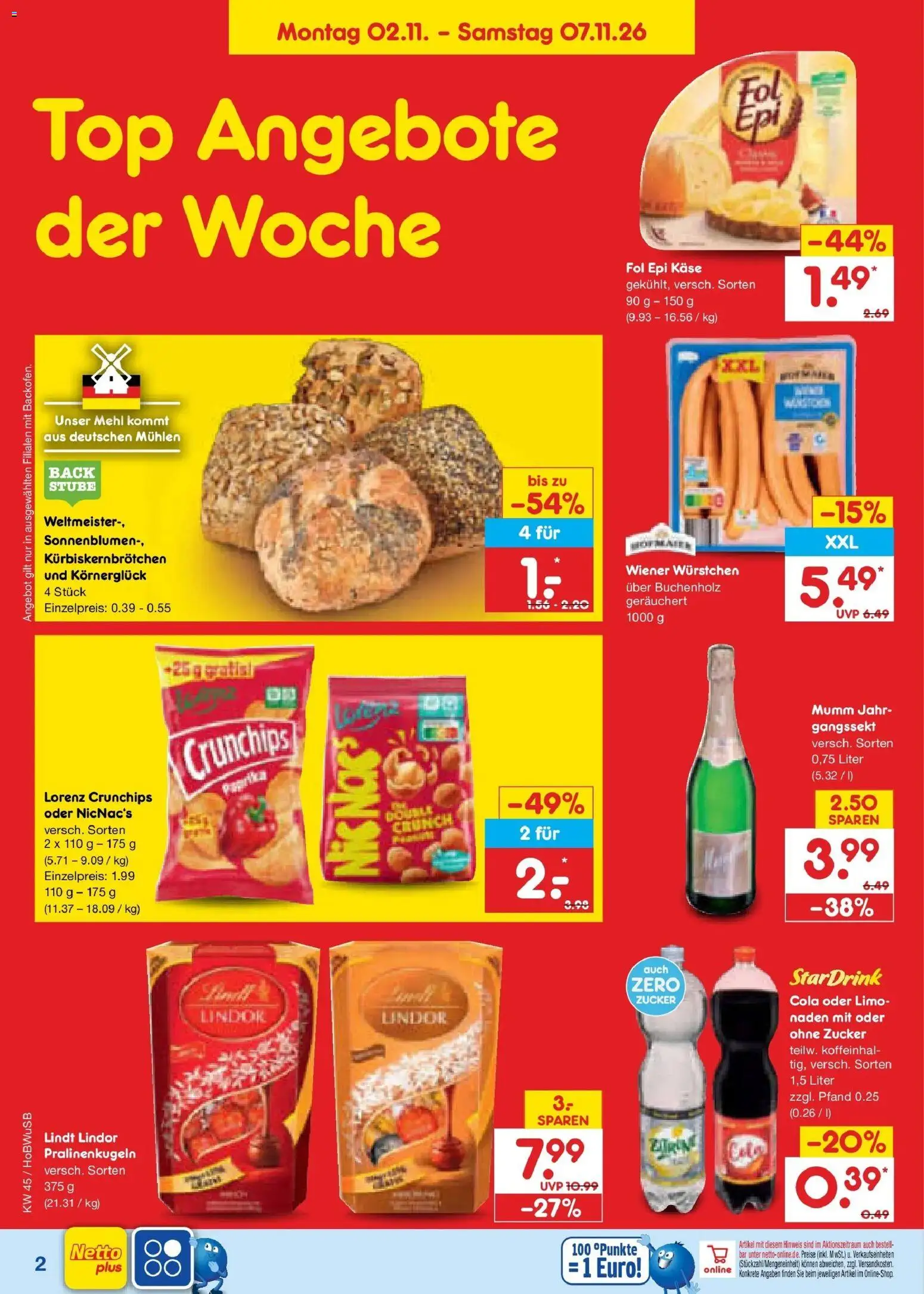 Vorschau von dem Prospekt des Geschäftes Netto Marken-Discount, gültig ab dem 02.11.2026 - Käse, Lindt, Cola, Backofen, Paprika, Zucker, Lindor, Lorenz crunchips