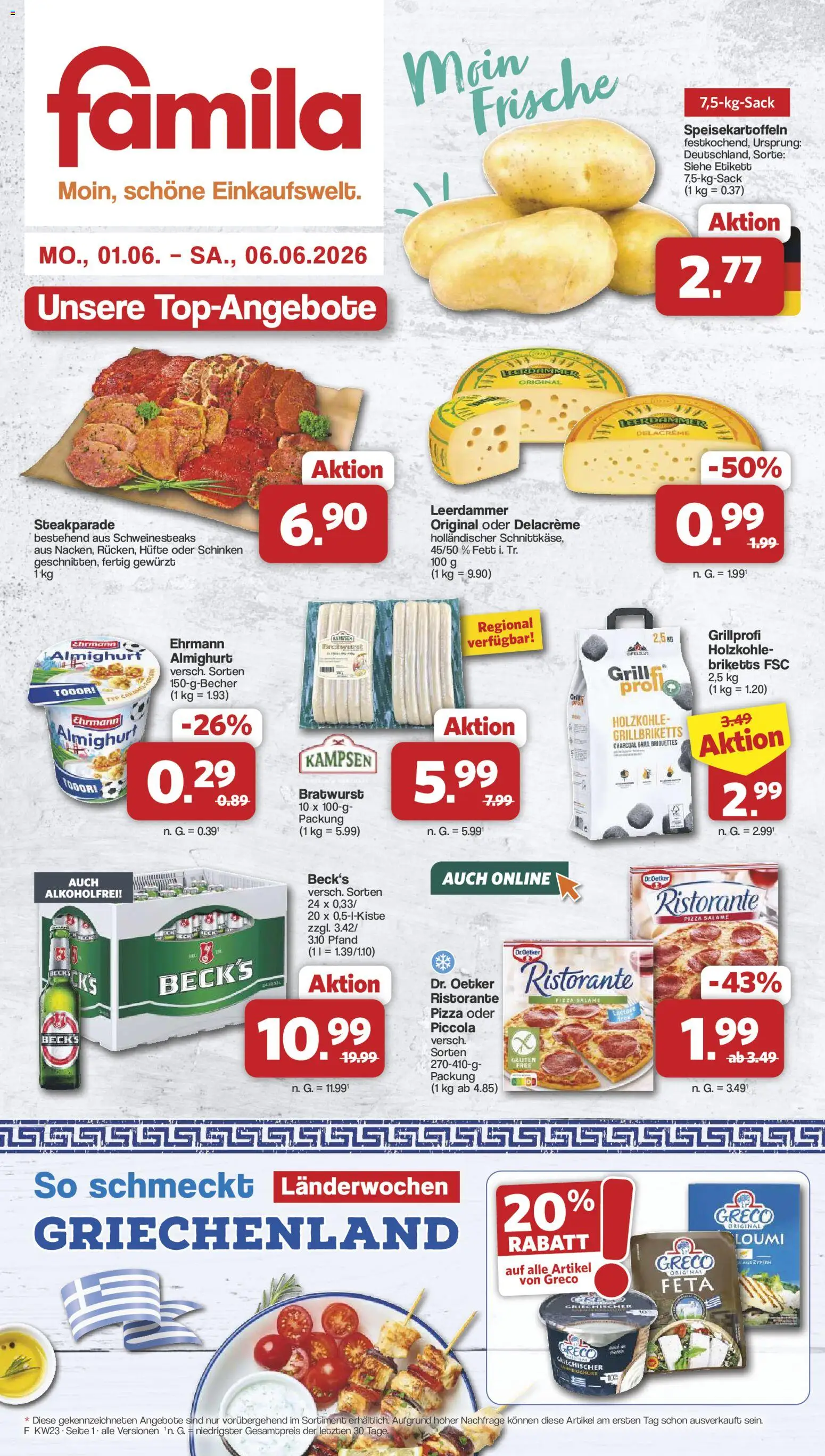 Vorschau von dem Prospekt des Geschäftes Famila Nordwest, gültig ab dem 01.06.2026 - Pizza, Grill, Bratwurst, Feta, Ristorante, Schinken, Leerdammer, Ehrmann almighurt