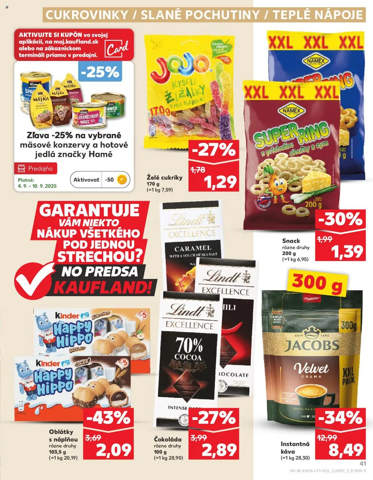 Náhľad Kaufland letáku platného od 04.09.2025 - Čokoláda, Lindt, Kinder, Instantná káva, Cukríky, Oblátky, Nápoje, Hotové jedlá