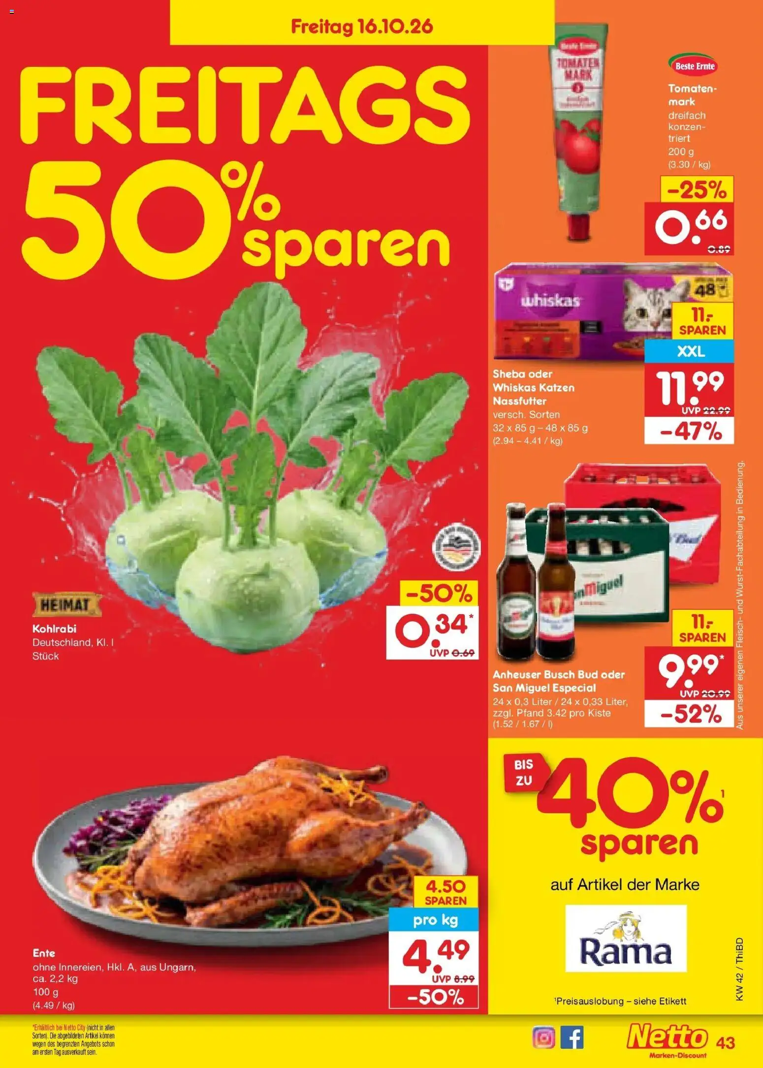 Vorschau von dem Prospekt des Geschäftes Netto Marken-Discount, gültig ab dem 12.10.2026 - Kohlrabi, Ente, Fleisch, Tomaten, Rama, Whiskas, Sheba