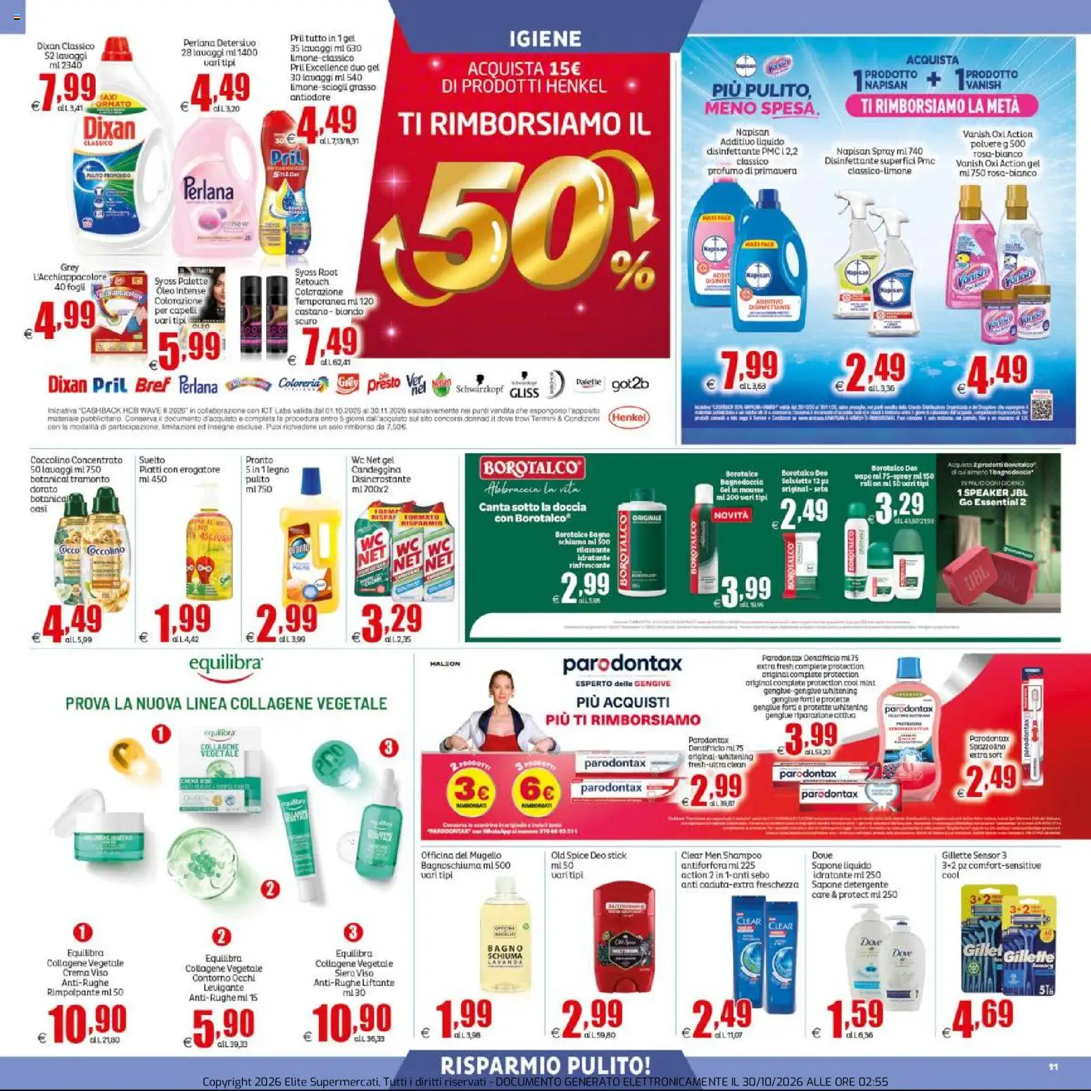 Anteprima dell'opuscolo Elite Supermercati volantino Prezzi Tondi dal negozio Elite Supermercati valido da 30/10/2026 - Crema, Piatti, Doccia, Candeggina, Sapone, Dentifricio, Speaker, Detergente