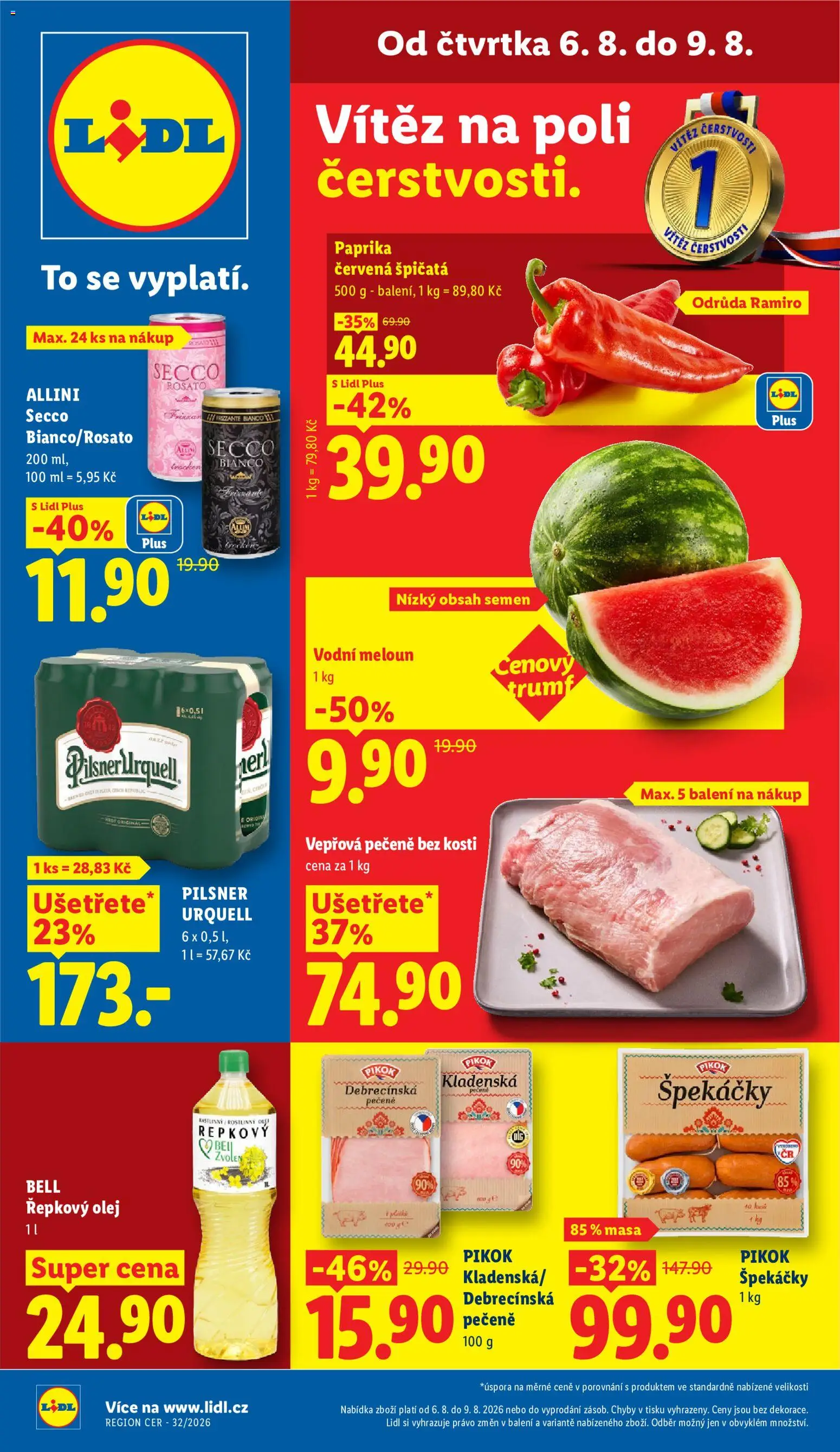 Náhled nabídky: Lidl Lidl leták platný od 06.08.2026 - Pilsner Urquell, Paprika, Meloun, Pilsner, Vodní meloun, Řepkový olej, Špekáčky, Pikok