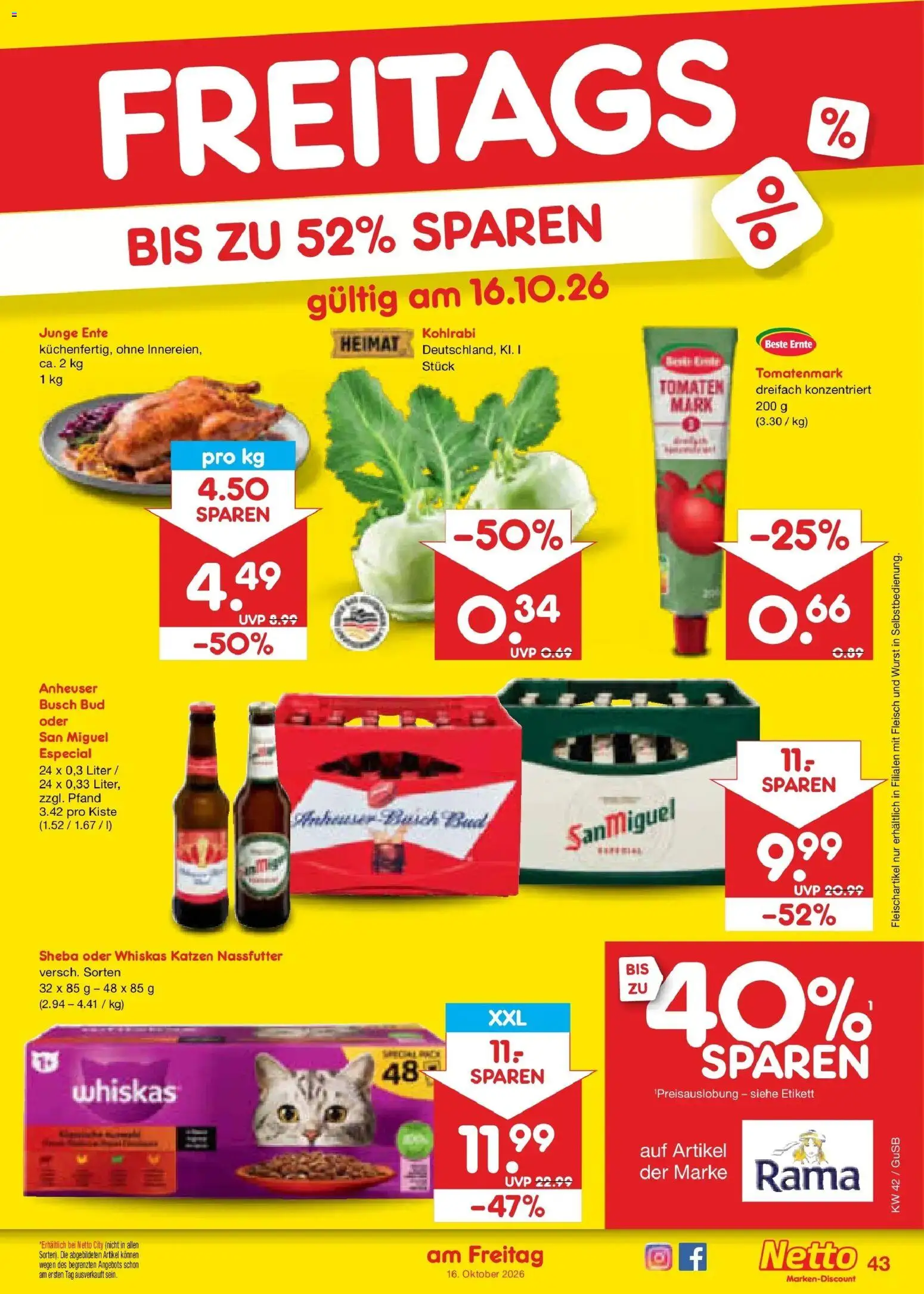 Vorschau von dem Prospekt des Geschäftes Netto Marken-Discount, gültig ab dem 12.10.2026 - Wurst, Kohlrabi, Ente, Fleisch, Tomaten, Rama, Whiskas, Sheba