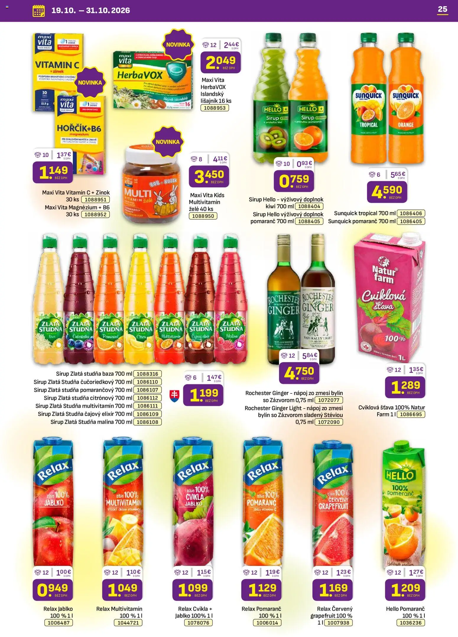 Náhľad Libex letáku platného od 19.10.2026 - Kiwi, Cvikla, Sirup, Multivitamín, Grapefruit, Džús, Sunquick, Šťava