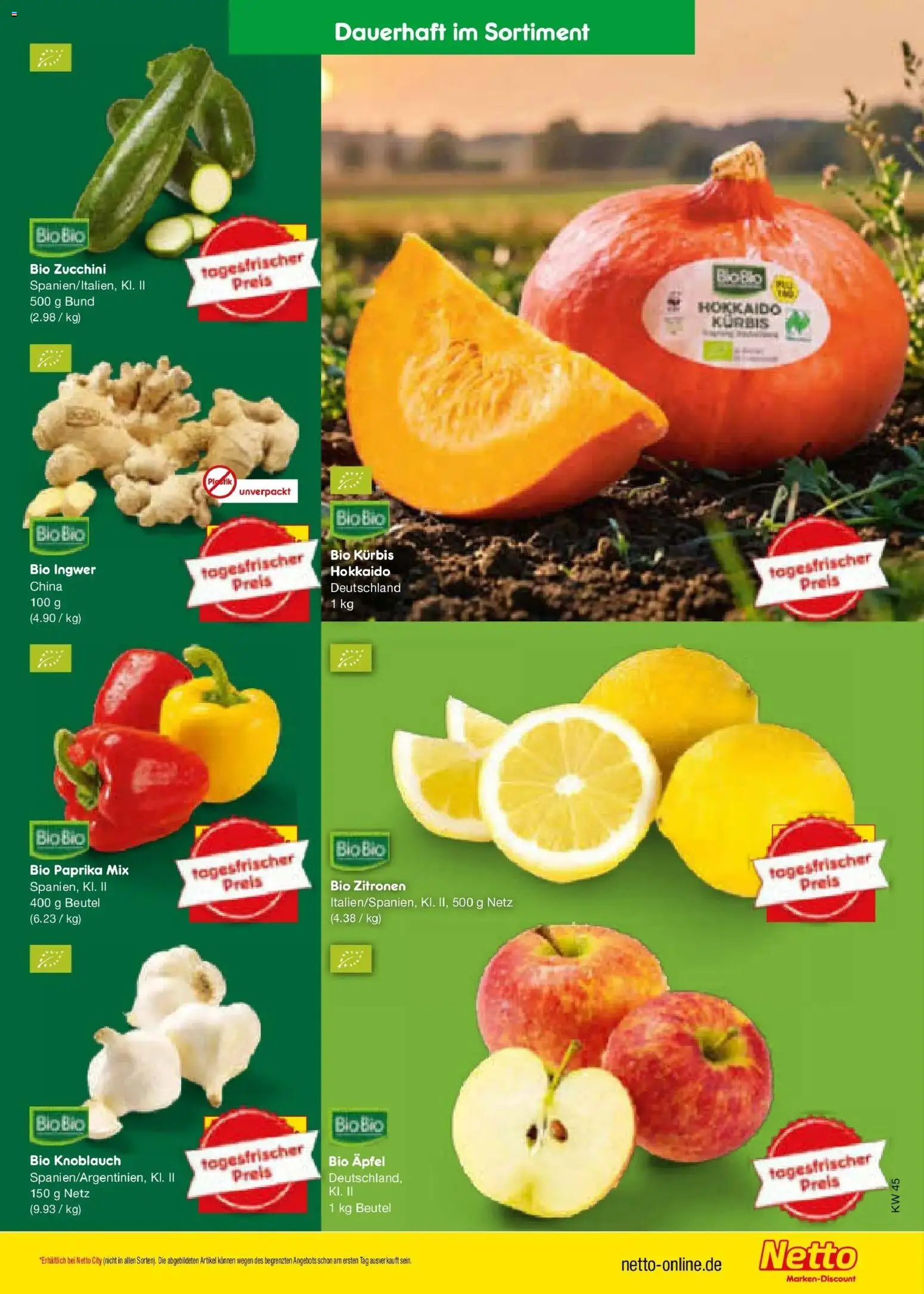 Vorschau von dem Prospekt des Geschäftes Netto Marken-Discount, gültig ab dem 02.11.2026 - Äpfel, Zucchini, Kürbis, Paprika, Knoblauch, Zitronen