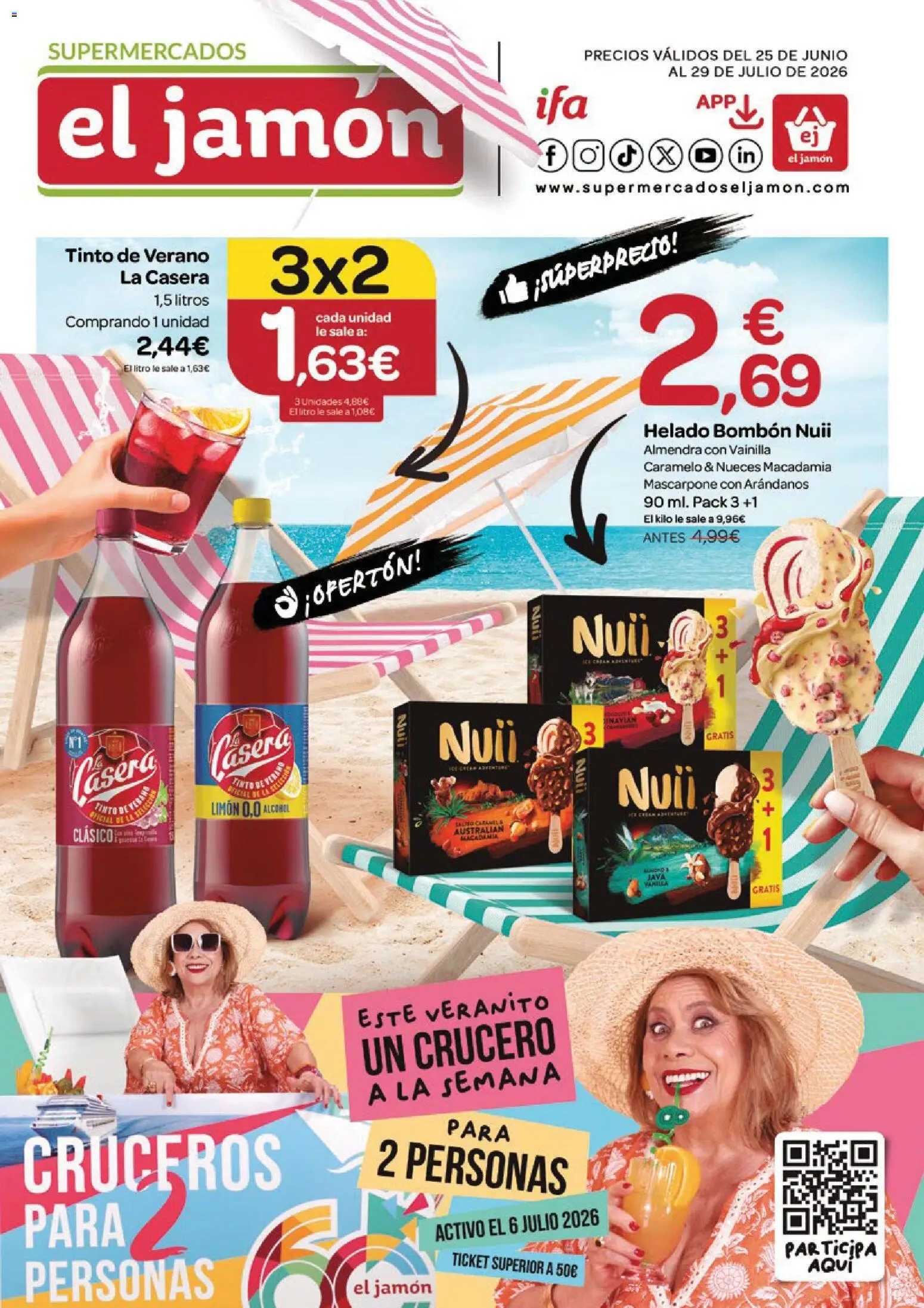 Vista previa del folleto de la tienda Supermercados El Jamón válido desde el 25/06/2026 - Helado, Jamón, Arándanos, Limón, Mascarpone, Nueces, Vainilla, Helado bombón