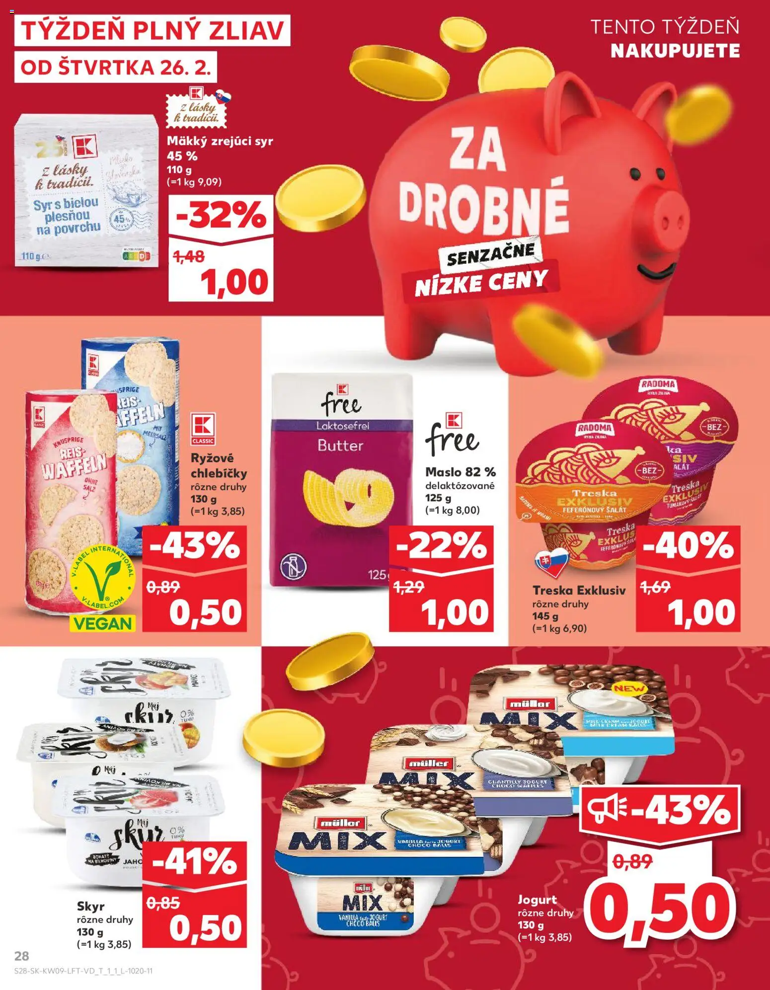 Náhľad Kaufland letáku platného od 26.02.2026 - Maslo, Syr, Šalát, Treska, Skyr, Jogurt, Ryžové chlebíčky