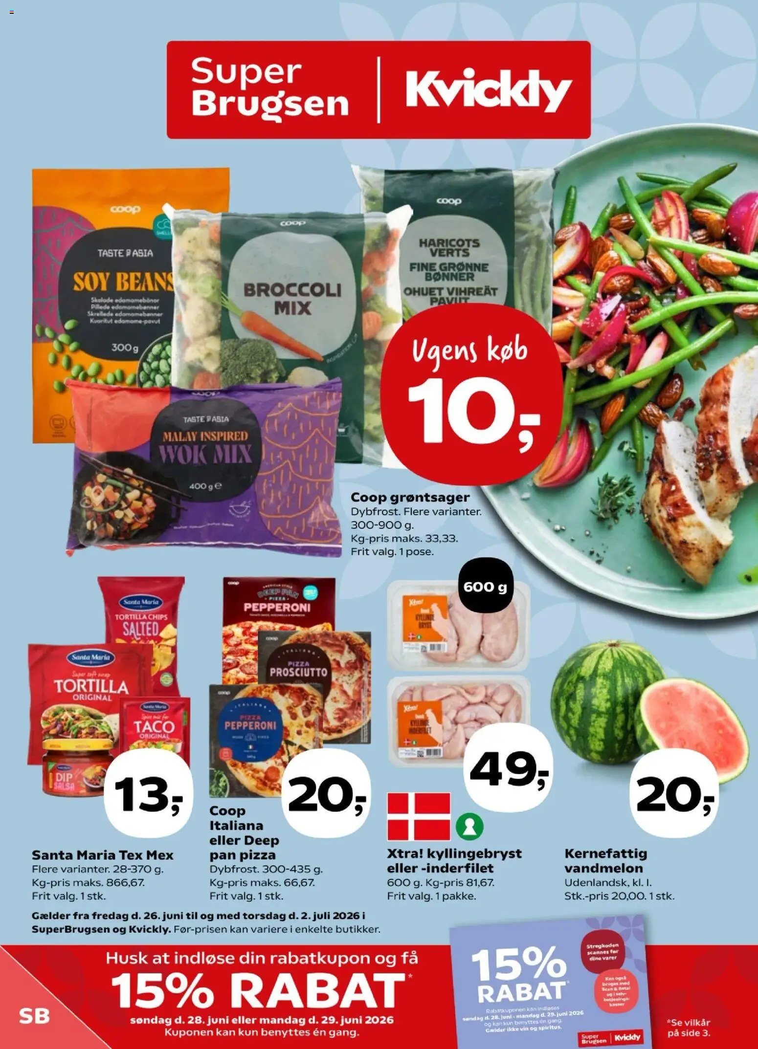 Eksempel på tilbudsavis Super Brugsen - Tilbudsavis uge 26 fra butik Super Brugsen gyldig fra 26/06/2026 - Pizza, Vin, Taco, Chips, Broccoli, Vandmelon, Bønner
