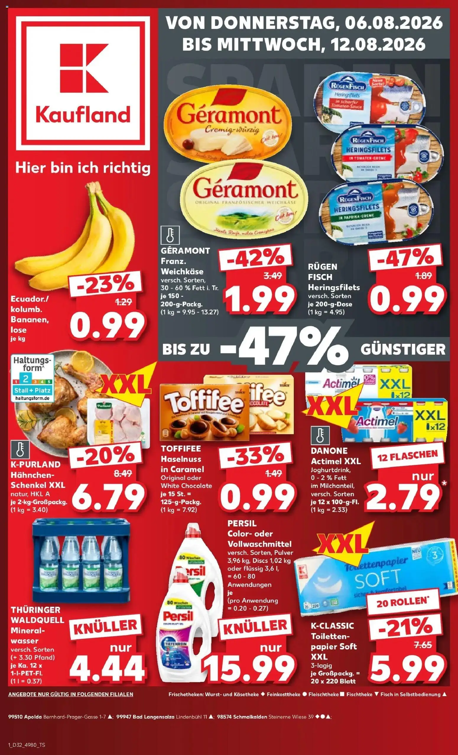 Vorschau von dem Prospekt des Geschäftes Kaufland, gültig ab dem 06.08.2026 - Wasser, Wurst, Bad, Toffifee, Actimel, Tomaten, Persil, Geramont