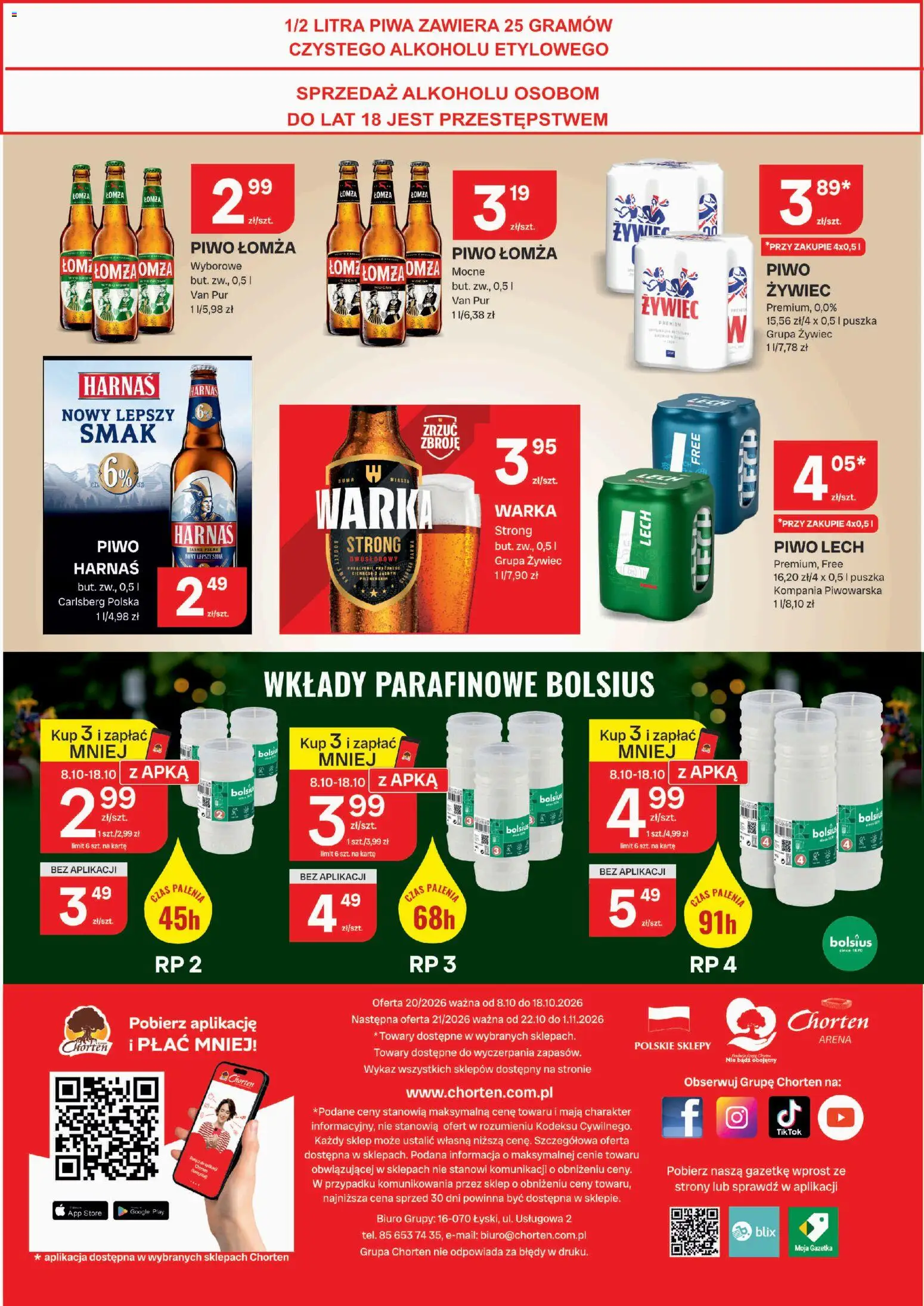 Pogląd gazetki "Chorten gazetka" ze sklepu Chorten ważnej od 08.10.2026 - Lech, Warka, Piwo, Carlsberg, Harnaś, Warka strong, Piwo Harnaś