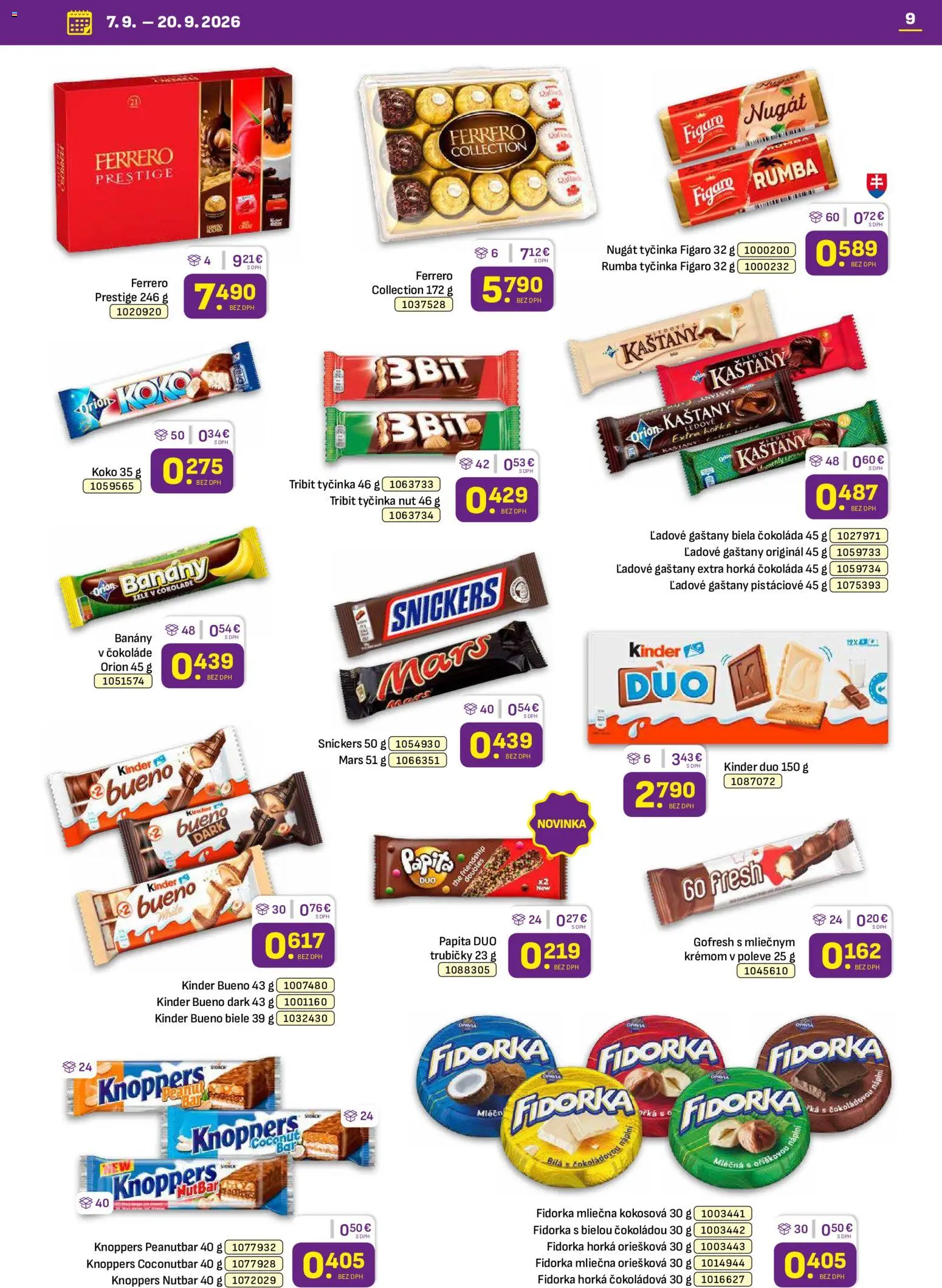 Náhľad Libex letáku platného od 07.09.2026 - Čokoláda, Kinder, Kinder Bueno, Snickers, Biela čokoláda, Trubičky, Gaštany, Banány