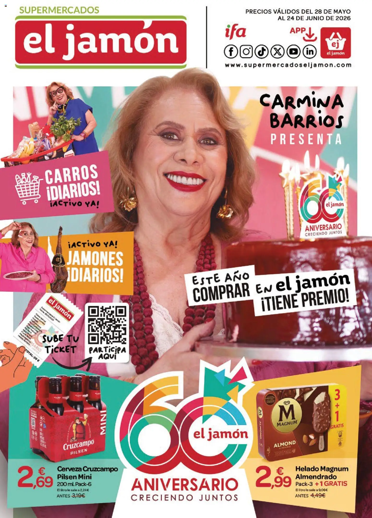 Vista previa del folleto de la tienda Supermercados El Jamón válido desde el 28/05/2026 - Helado, Jamón, Cerveza, Magnum, Helado Magnum