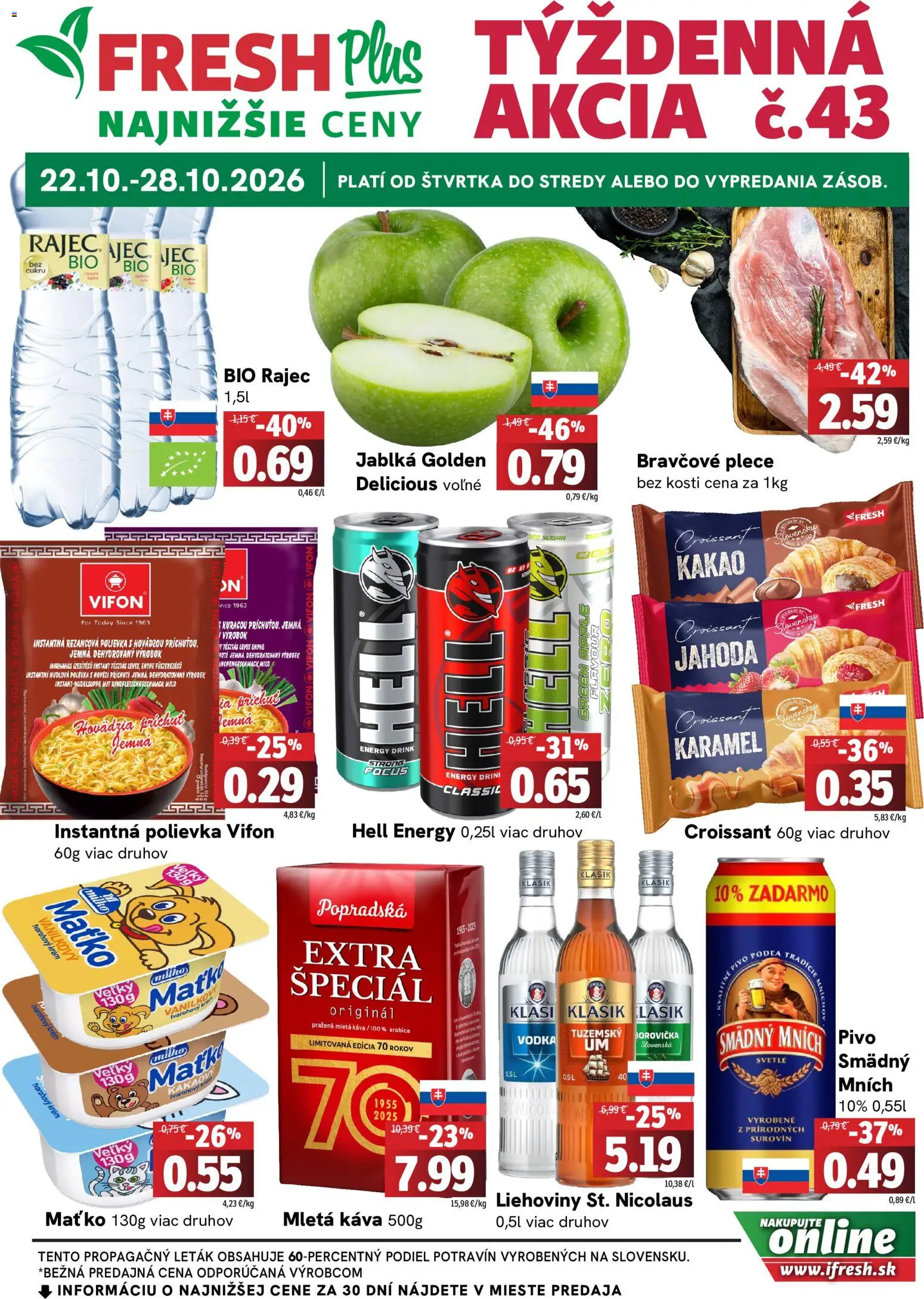 Náhľad Fresh letáku platného od 22.10.2026 - Káva, Rajec, Pivo, Vodka, Jablká, Krém, Smädný Mních, Tvarohový krém