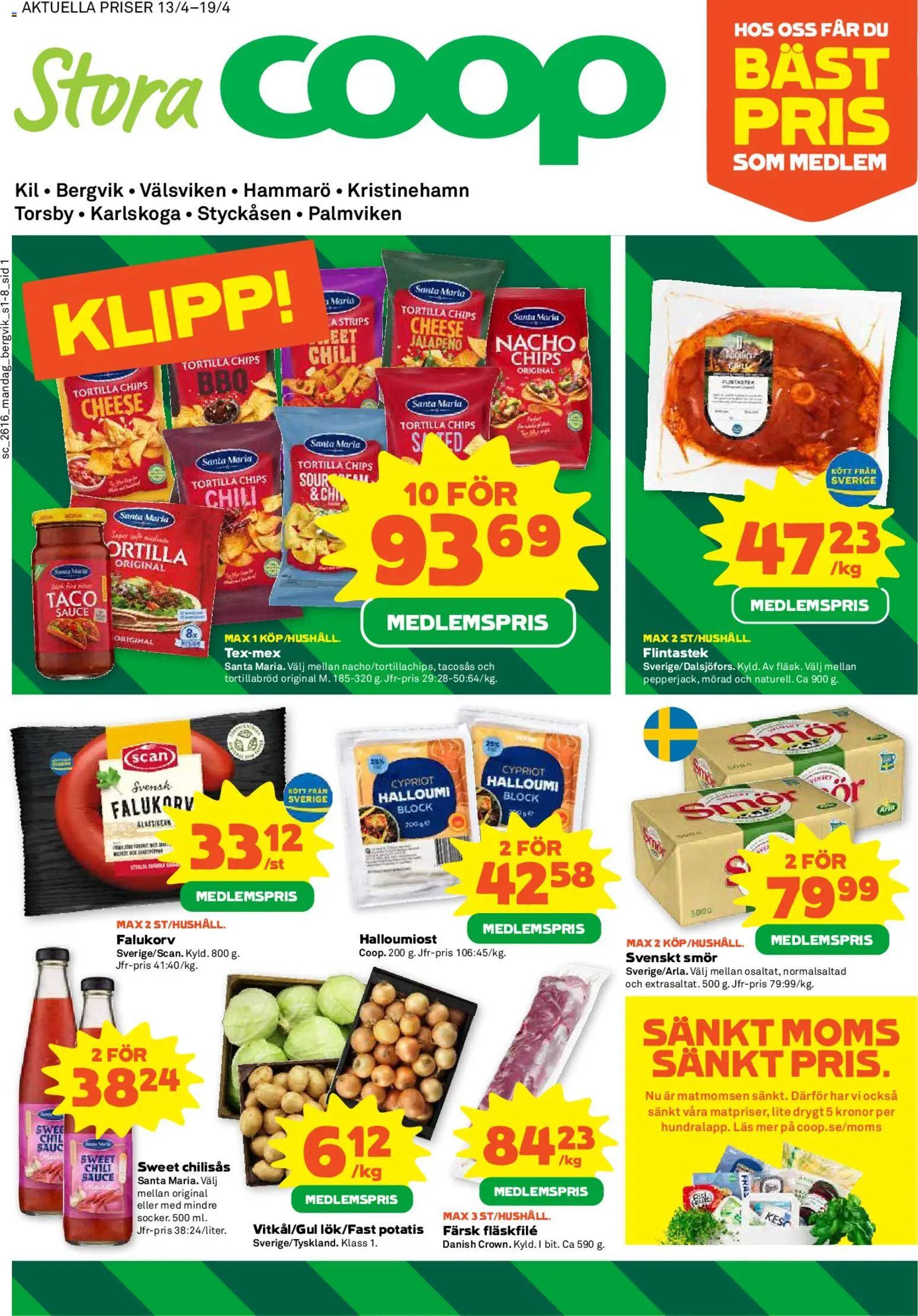 Förhandsgranska reklamblad Stora Coop erbjudanden från butik Stora Coop gäller från 13/04/2026 - Chili, Falukorv, Halloumi, Smör, Kött, Tacosås, Sweet chilisås, Fläskfilé