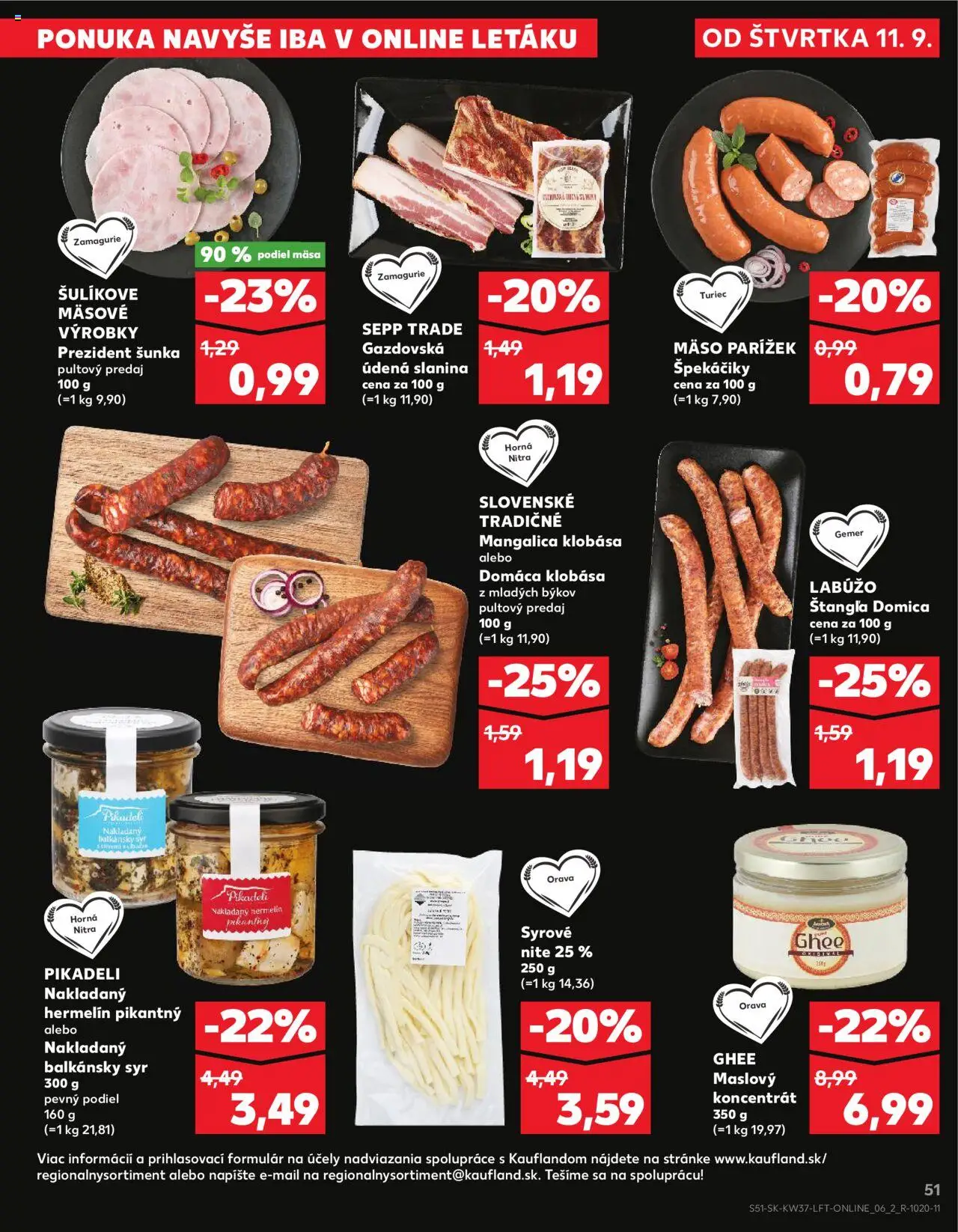 Náhľad Kaufland letáku platného od 11.09.2025 - Mäso, Syr, Hermelín, Klobása, Šunka, Slanina, Balkánsky syr, Špekáčiky