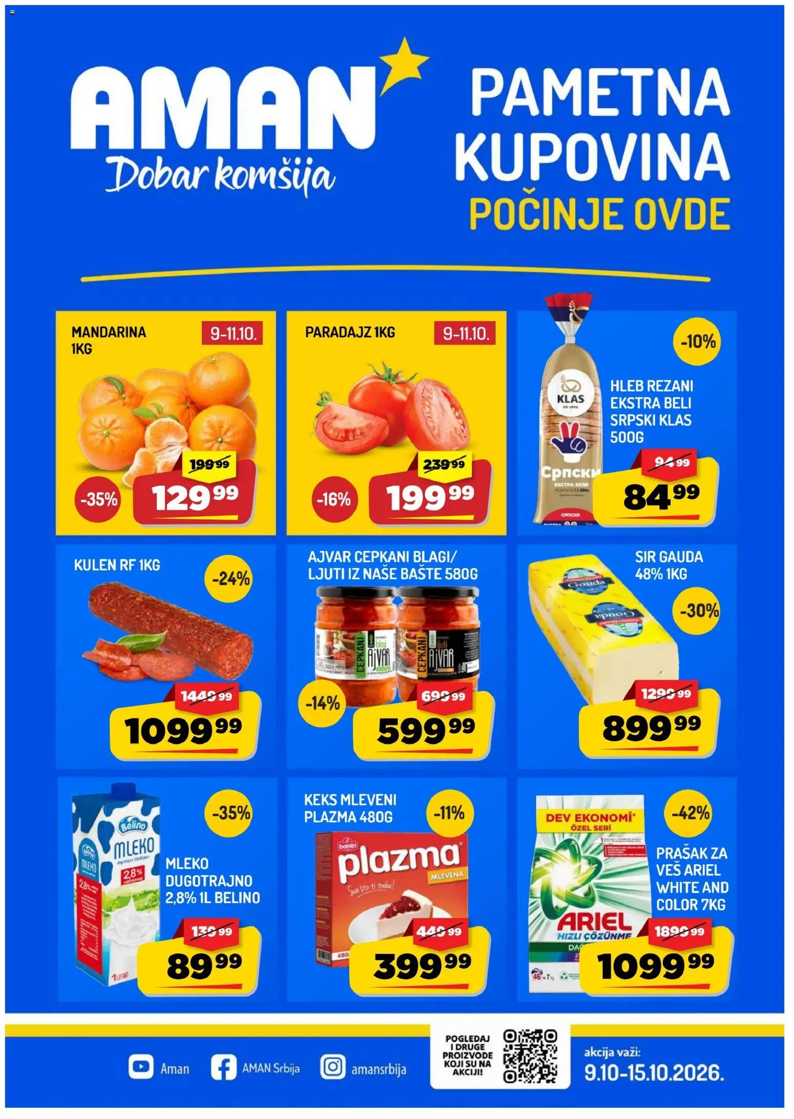 Pregled Aman kataloga - važi od 09.10.2026 - Paradajz, Mandarina, Sto, Keks, Kulen, Mleko, Sir, Gouda