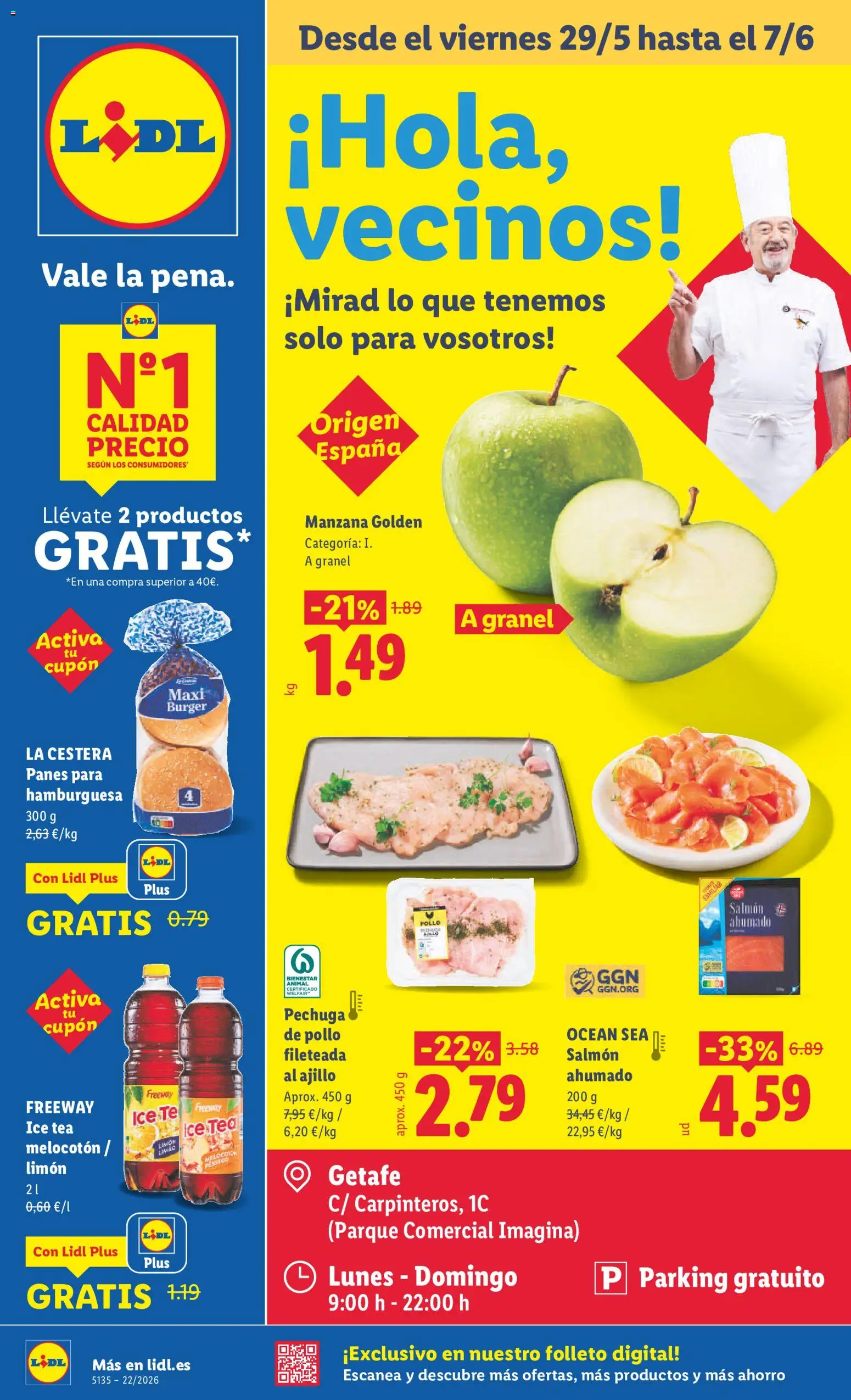 Vista previa del folleto de la tienda Lidl válido desde el 29/05/2026 - Hamburguesa, Té, Manzana, Limón, Salmón ahumado, Salmón, Pechuga de pollo fileteada, Pollo