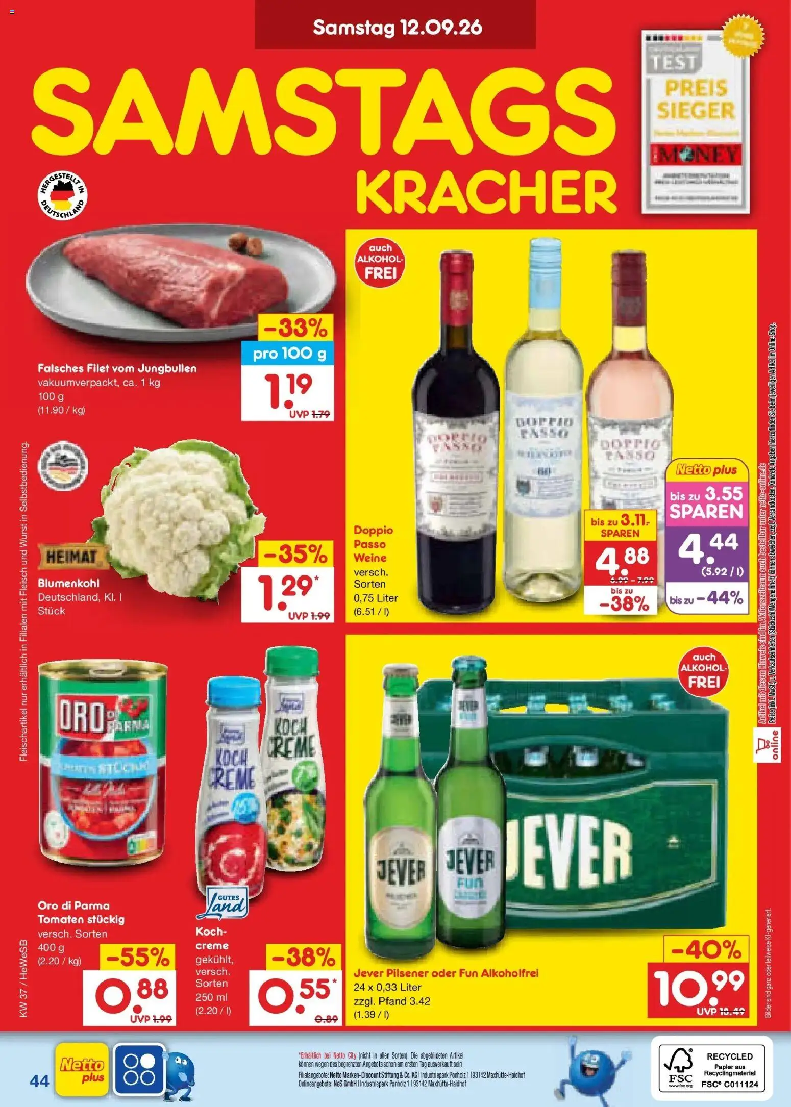 Vorschau von dem Prospekt des Geschäftes Netto Marken-Discount, gültig ab dem 07.09.2026 - Bilder, Wurst, Alkohol, Blumenkohl, Fleisch, Tomaten, Creme, Oro di parma
