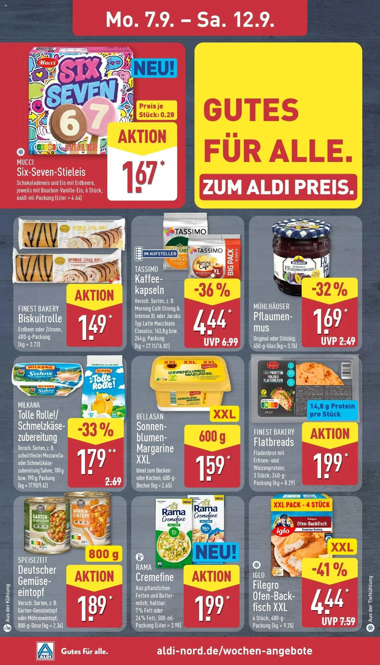 Vorschau von dem Prospekt des Geschäftes Aldi, gültig ab dem 07.09.2026 - Kaffee, Fisch, Tassimo, Pflaumen, Sahne, Rama, Iglo, Rama cremefine